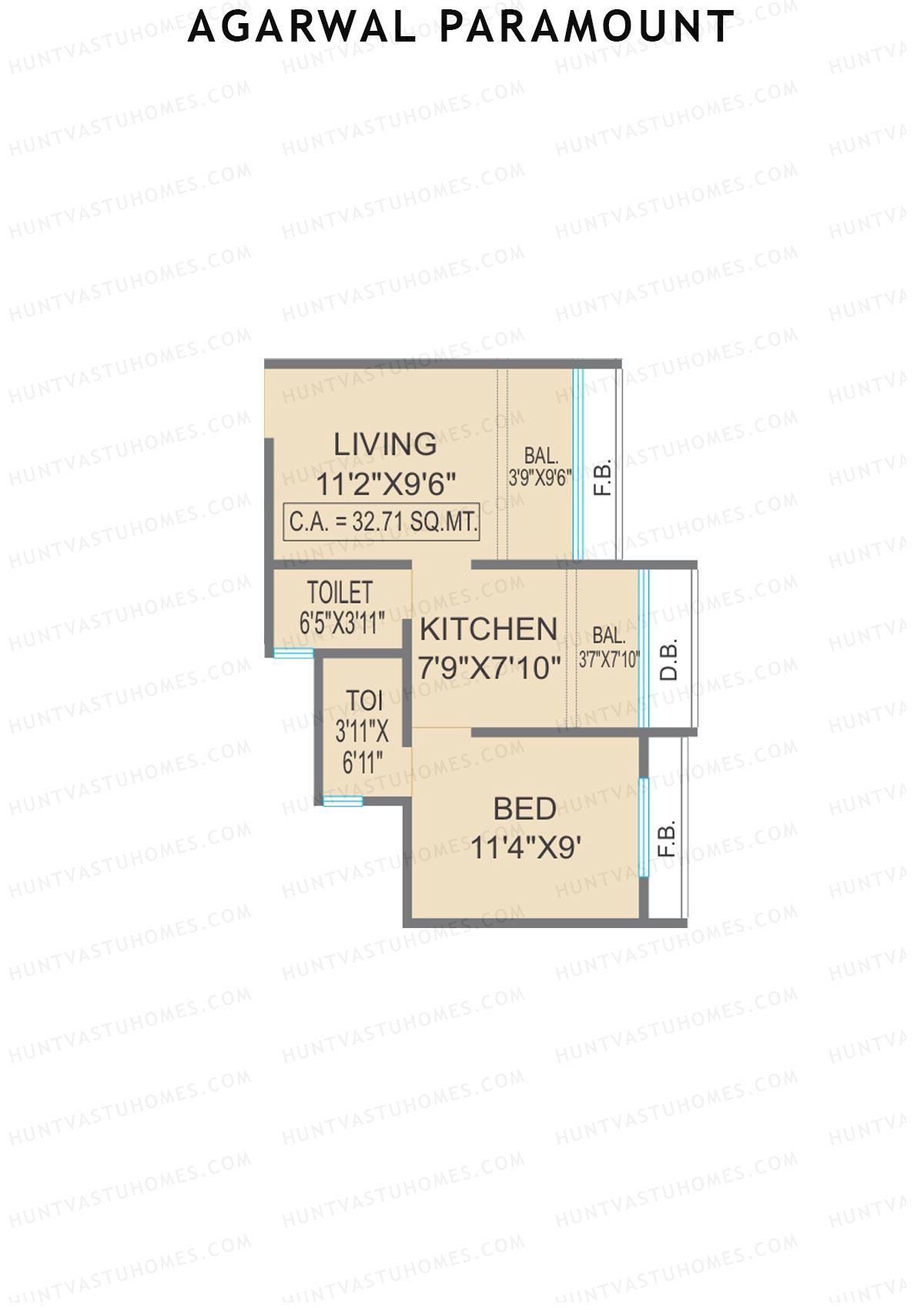 Agarwal Paramount, Tower 1 Wing B, Unit 2, 1BHK, Carpet Area 352   sq ft 