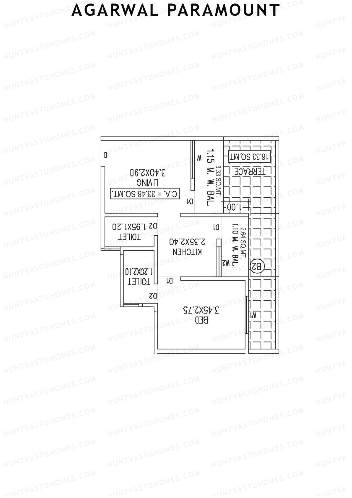 Agarwal Paramount, Tower 1 Wing B, Unit 2, 1BHK, Carpet Area 360   sq ft 