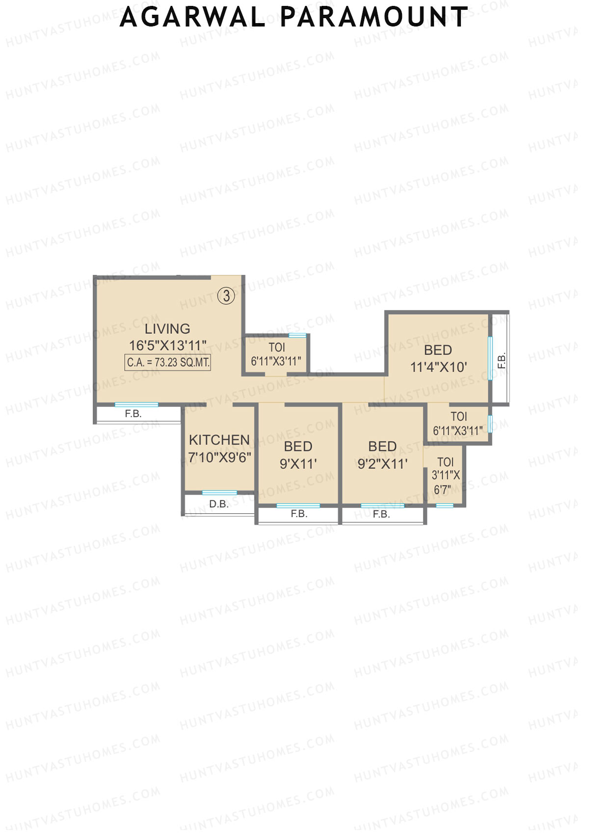 Agarwal Paramount, Tower 1 Wing B, Unit 3, 3BHK, Carpet Area 788   sq ft 