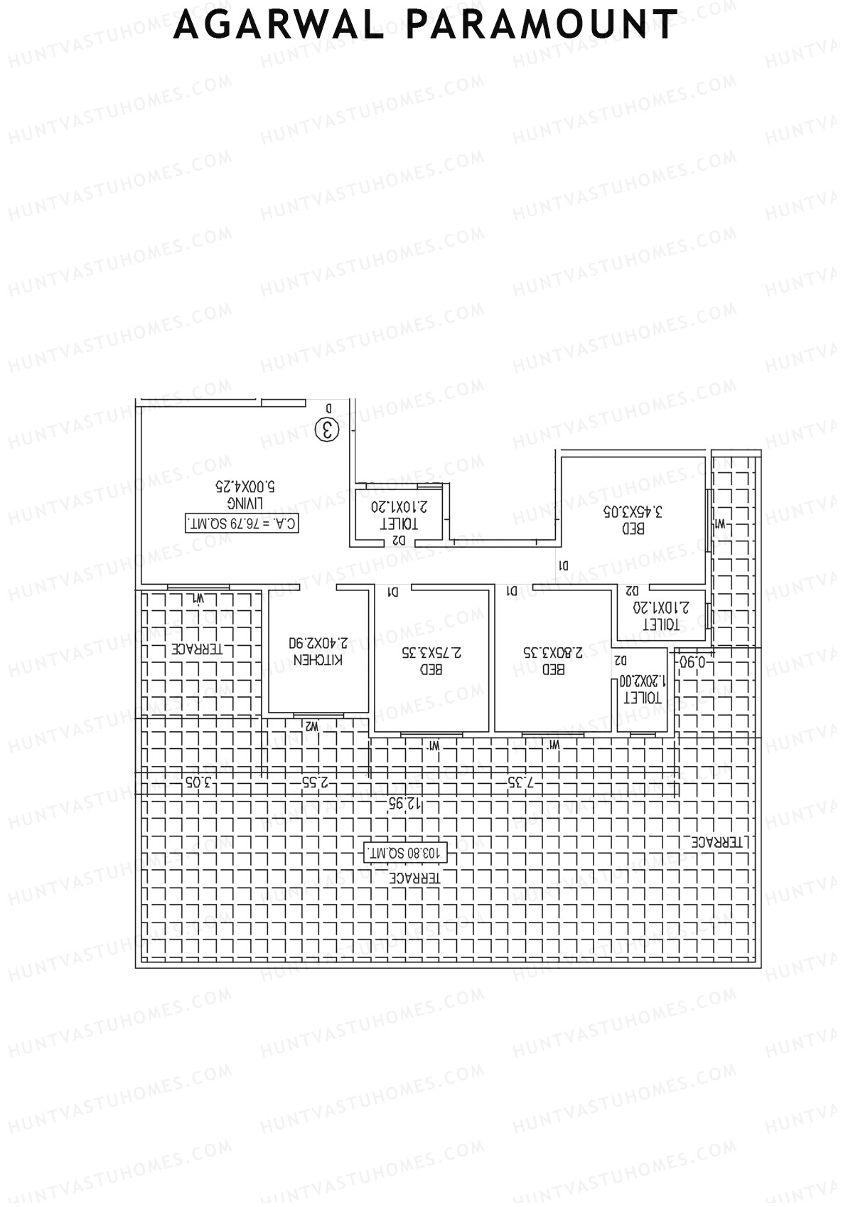 Agarwal Paramount, Tower 1 Wing B, Unit 3, 3BHK, Carpet Area 826   sq ft 