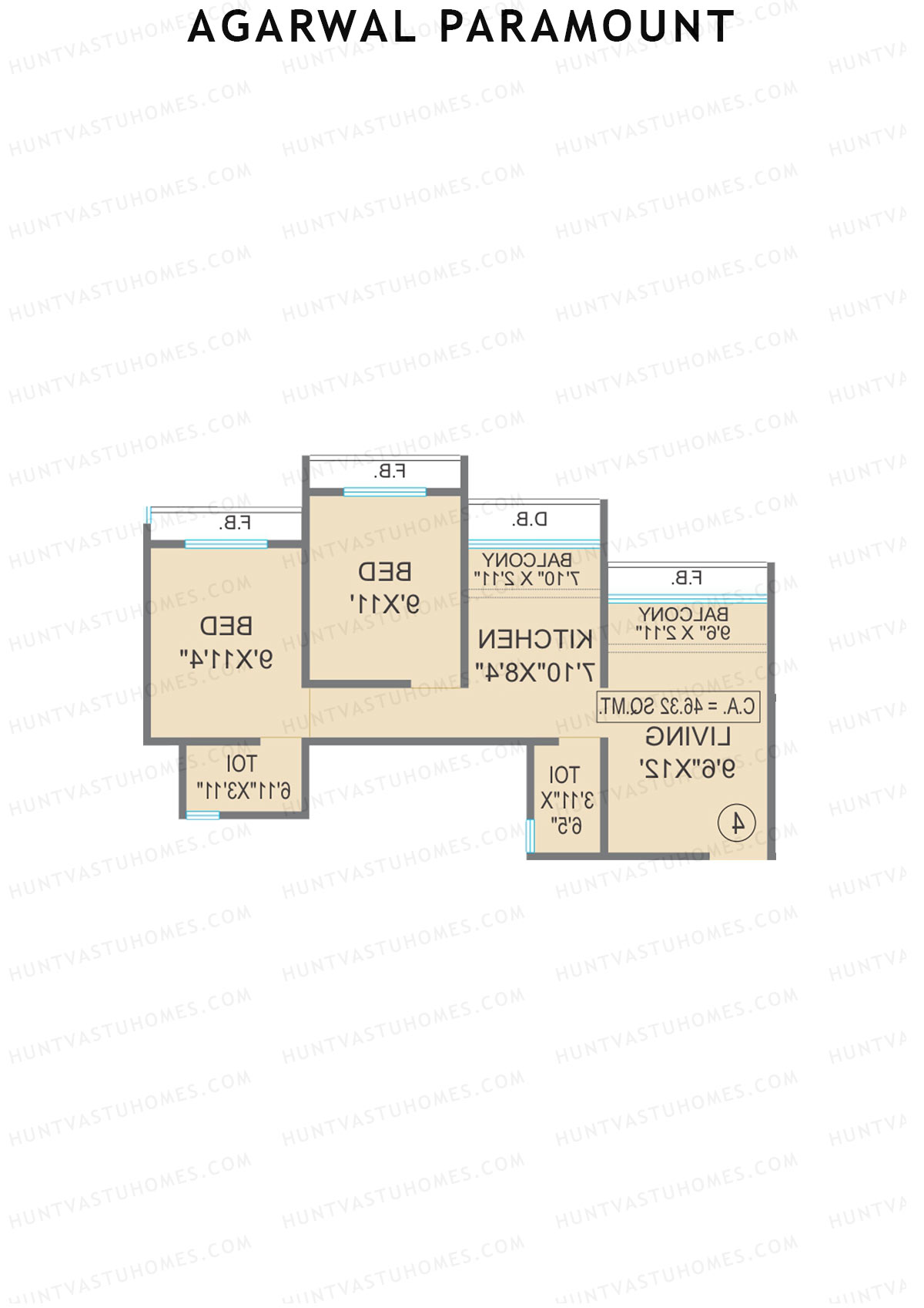 Agarwal Paramount, Tower 1 Wing C, Unit 3, 2BHK, Carpet Area 498   sq ft 
