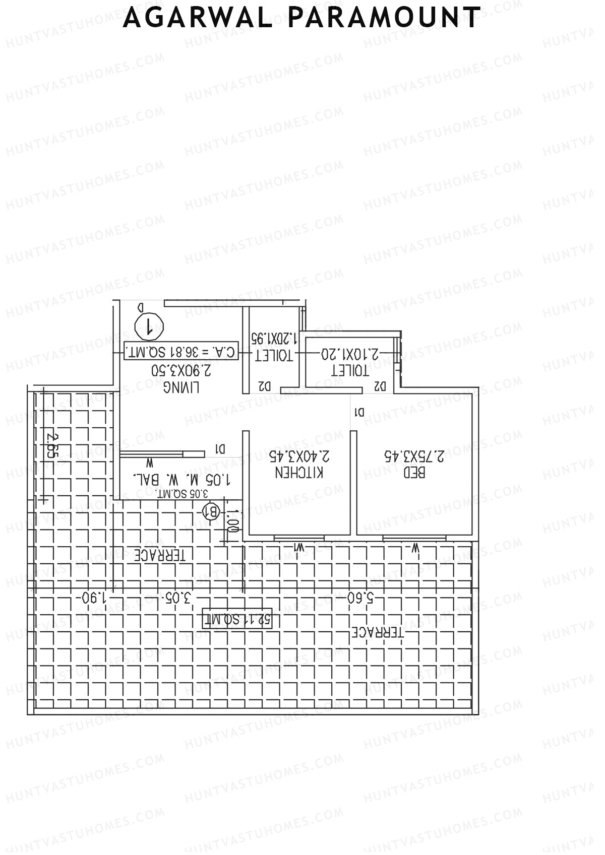 Agarwal Paramount, Tower 1 Wing D, Unit 1, 1BHK, Carpet Area 396   sq ft 