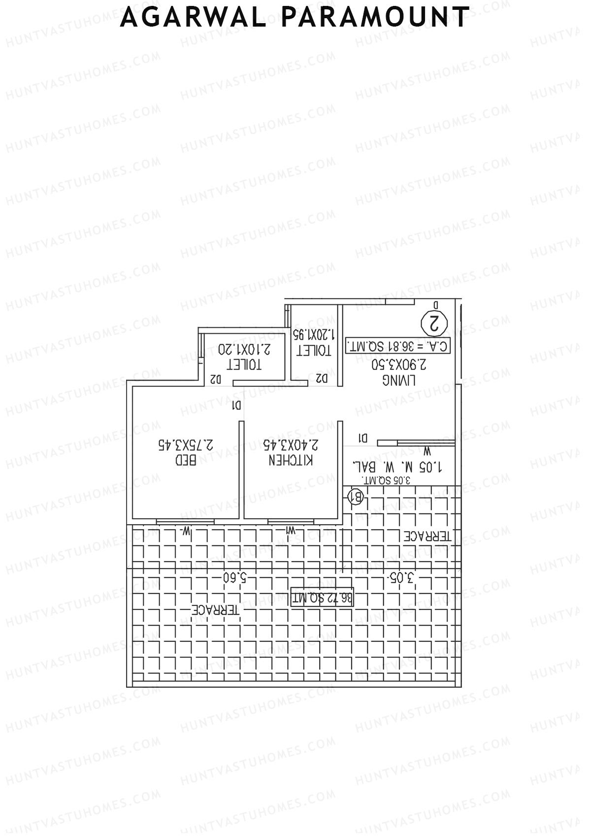 Agarwal Paramount, Tower 1 Wing D, Unit 2, 1BHK, Carpet Area 396   sq ft 