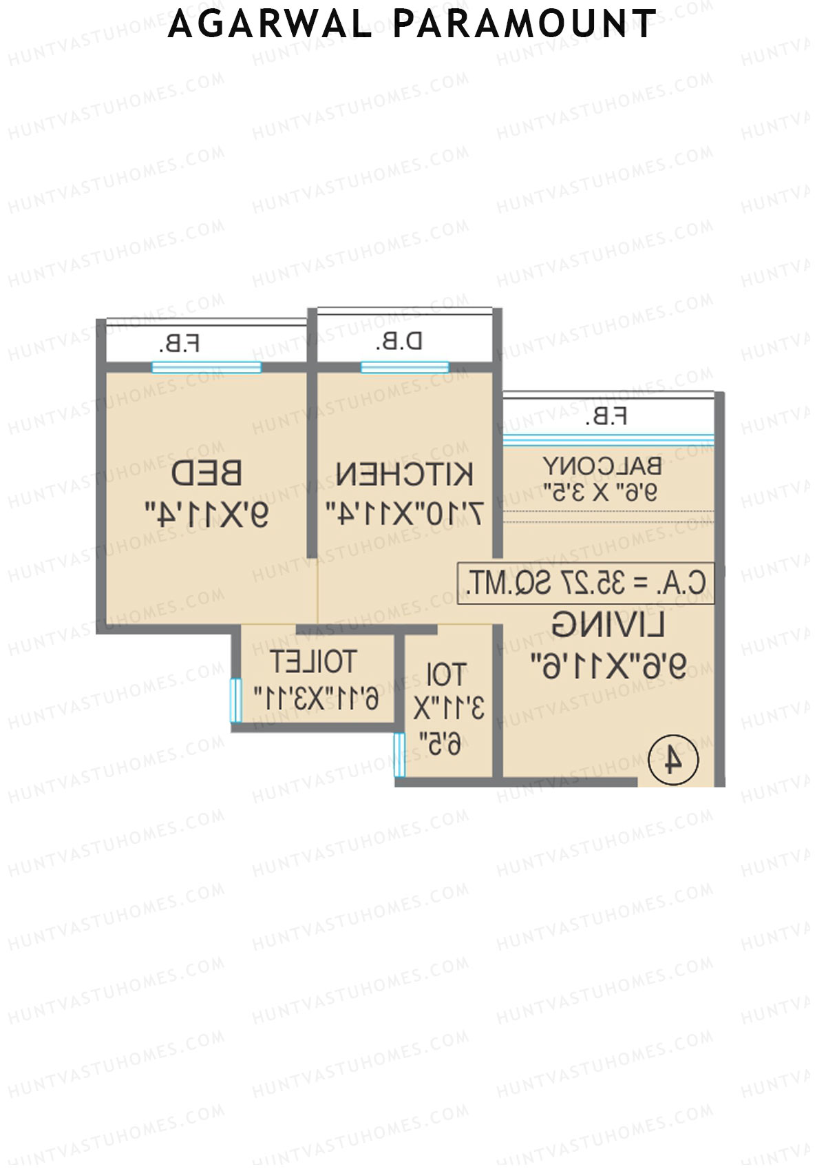 Agarwal Paramount, Tower 1 Wing D, Unit 3, 1BHK, Carpet Area 358   sq ft 