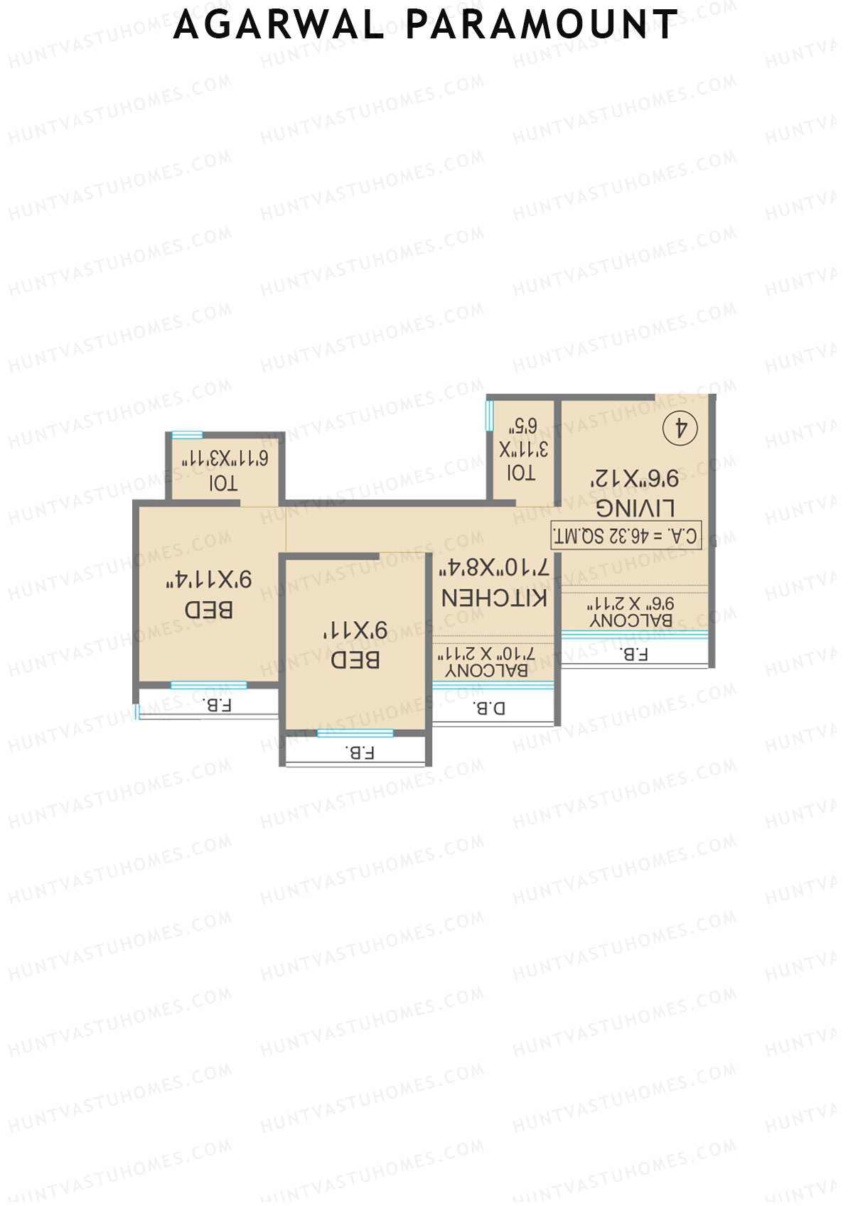 Agarwal Paramount, Tower 1 Wing E, Unit 2, 2BHK, Carpet Area 498   sq ft 