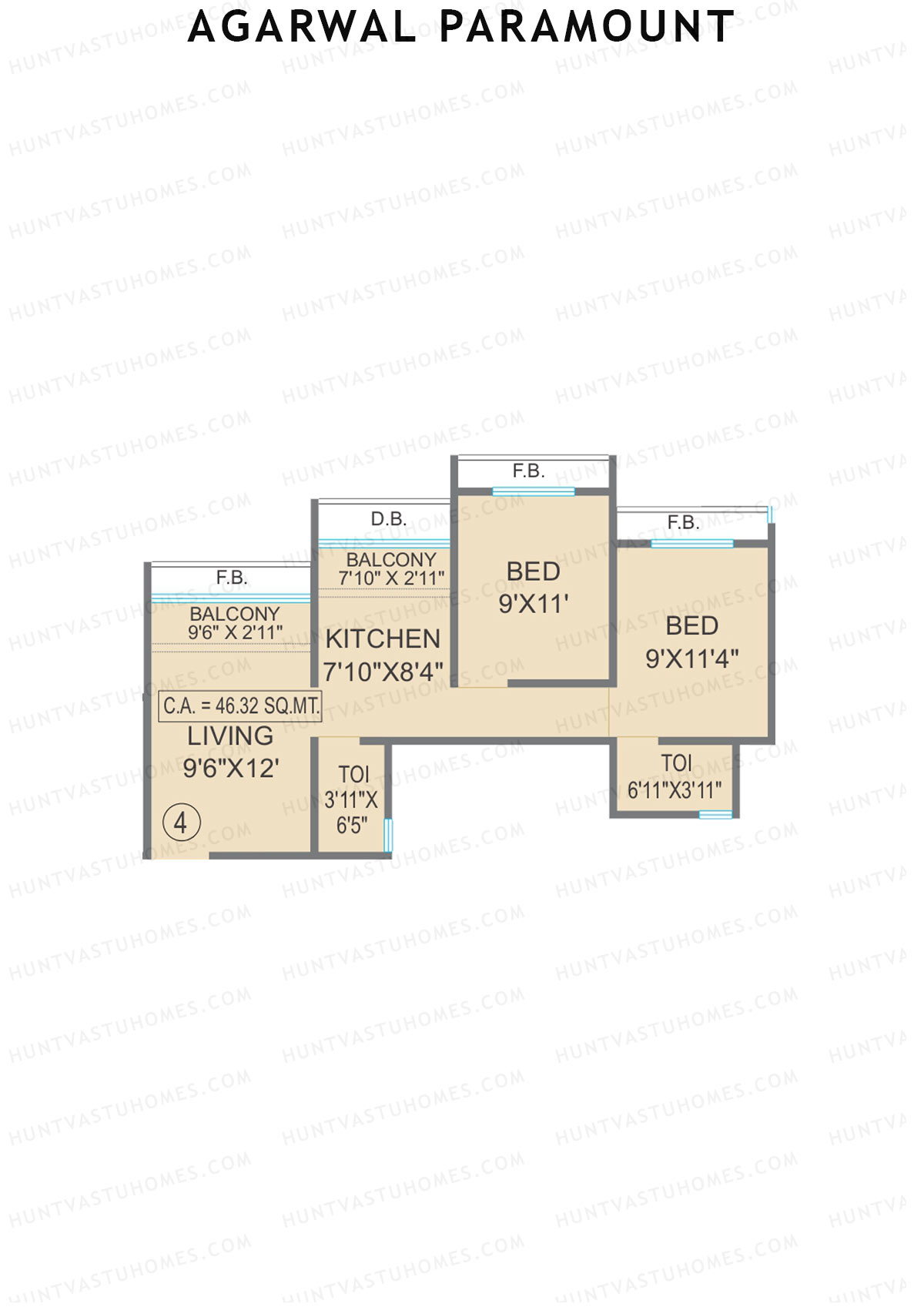 Agarwal Paramount, Tower 1 Wing E, Unit 4, 2BHK, Carpet Area 498   sq ft 