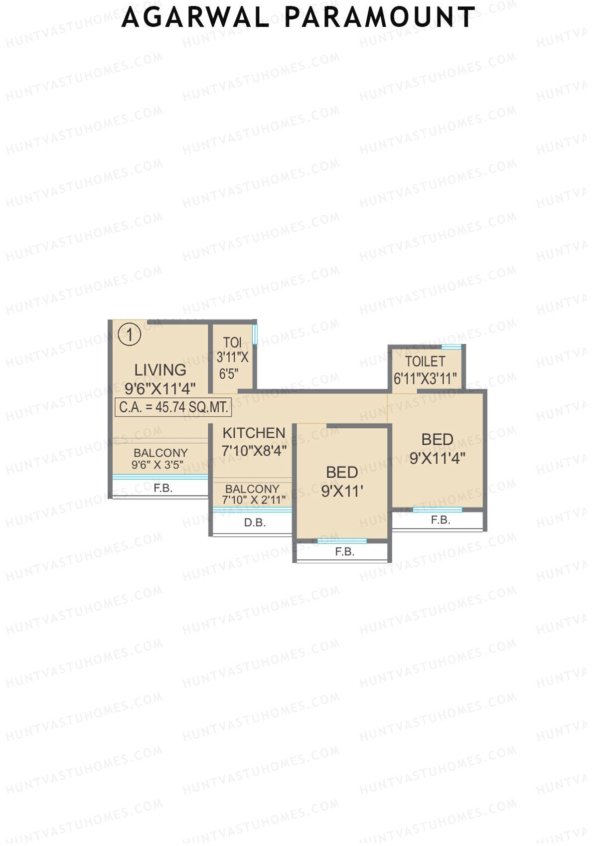 Agarwal Paramount, Tower 1 Wing F, Unit 1, 2BHK, Carpet Area 492   sq ft 