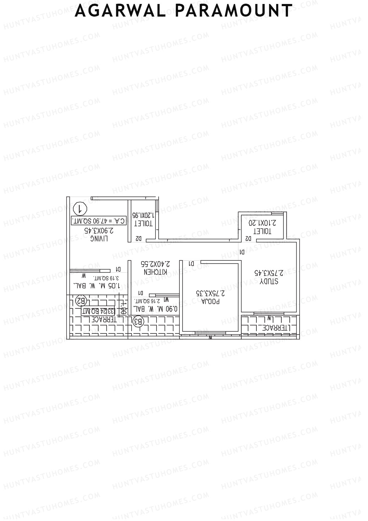 Agarwal Paramount, Tower 1 Wing F, Unit 1, 2BHK, Carpet Area 515   sq ft 
