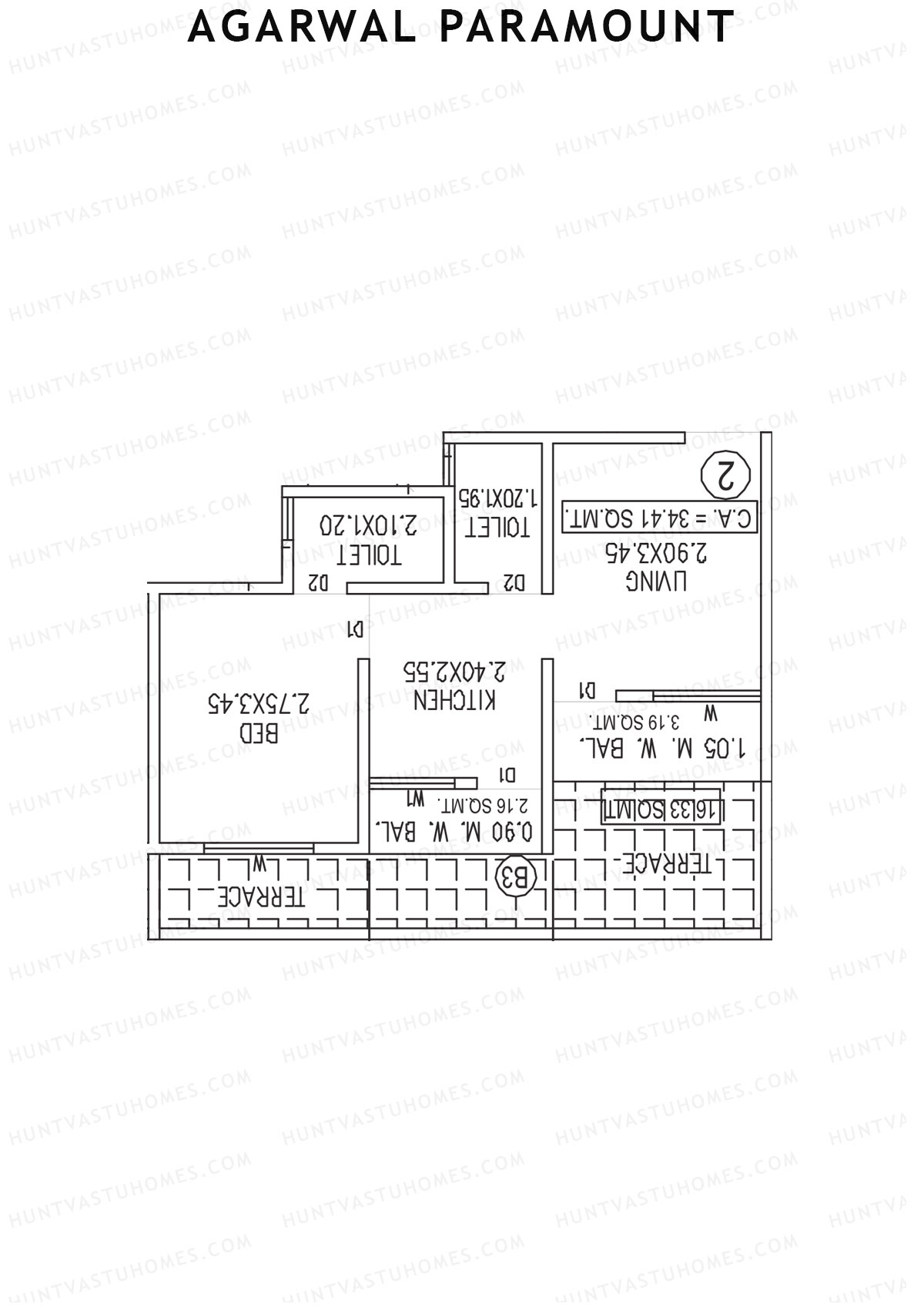 Agarwal Paramount, Tower 1 Wing F, Unit 2, 1BHK, Carpet Area 370   sq ft 