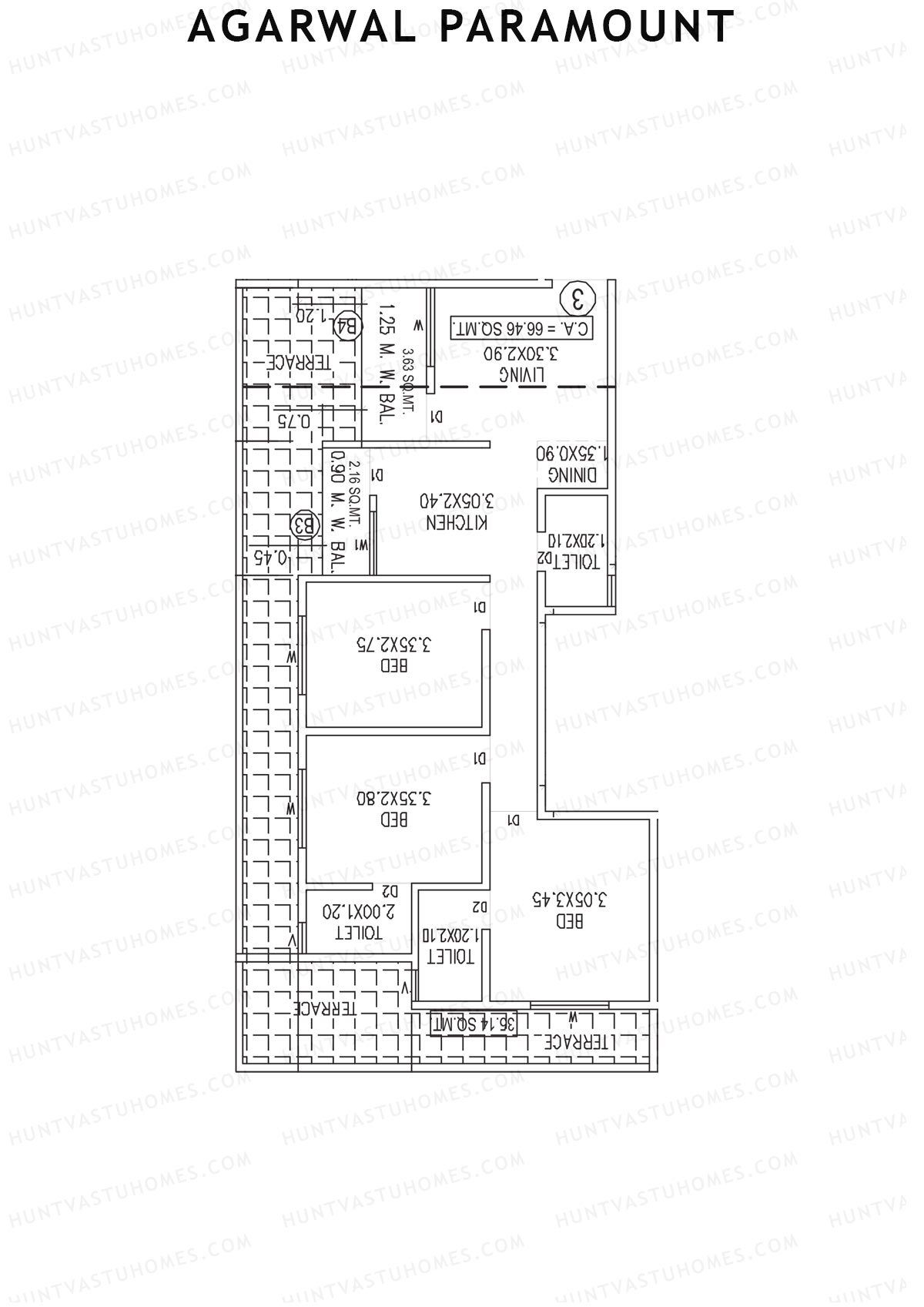 Agarwal Paramount, Tower 1 Wing F, Unit 3, 3BHK, Carpet Area 715   sq ft 