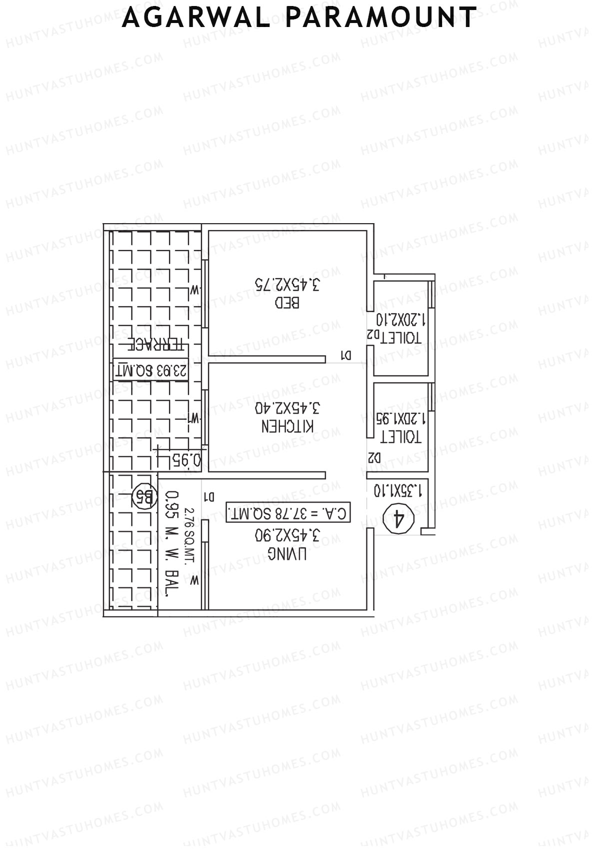 Agarwal Paramount, Tower 1 Wing F, Unit 4, 1BHK, Carpet Area 406   sq ft 