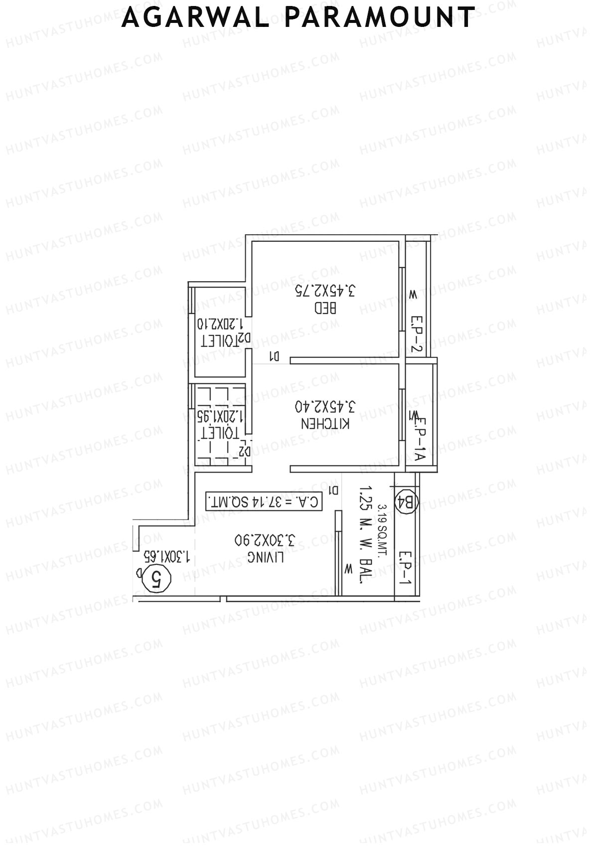 Agarwal Paramount, Tower 1 Wing F, Unit 5, 1BHK, Carpet Area 400   sq ft 