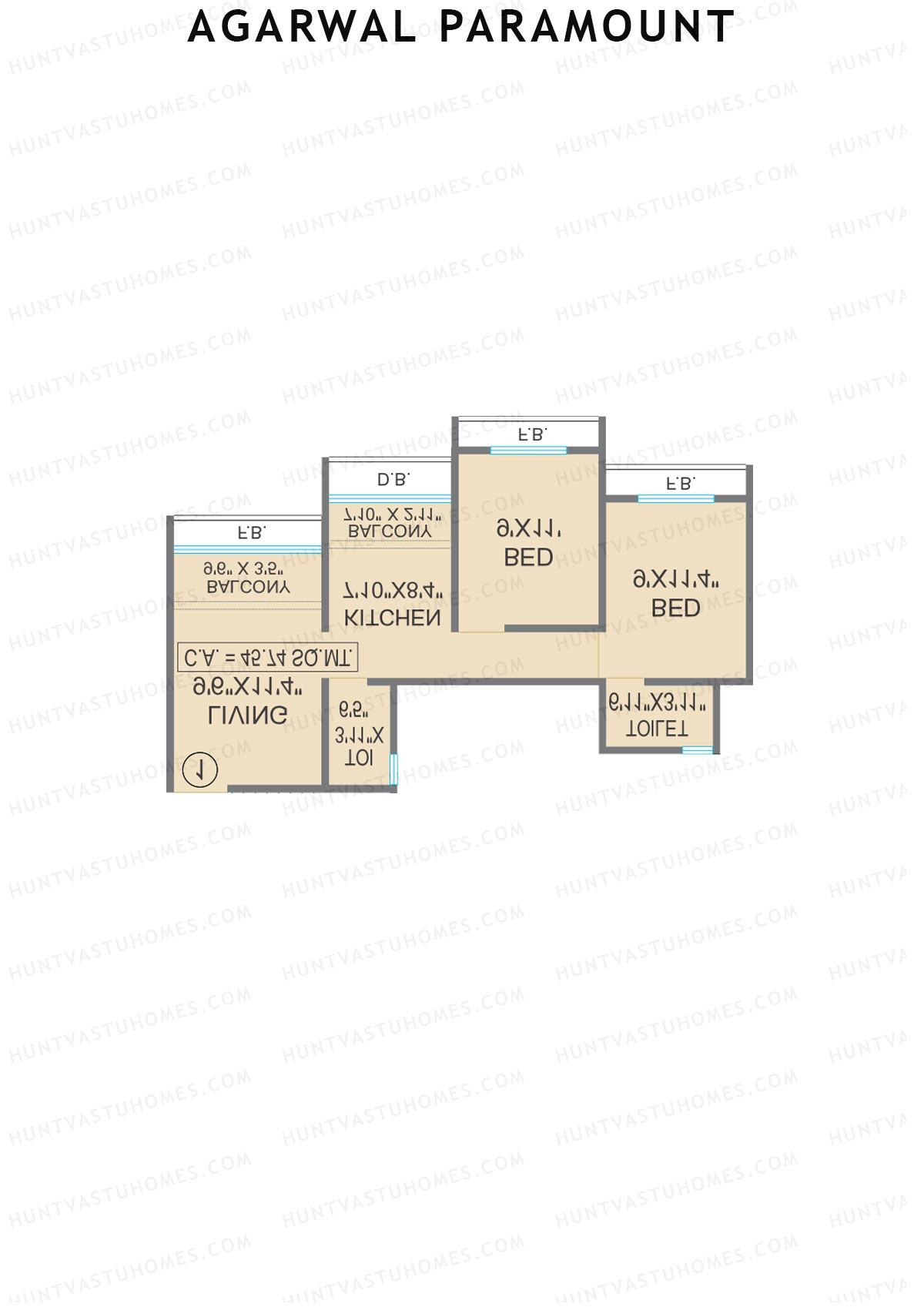 Agarwal Paramount, Tower 1 Wing F, Unit 6, 2BHK, Carpet Area 498   sq ft 