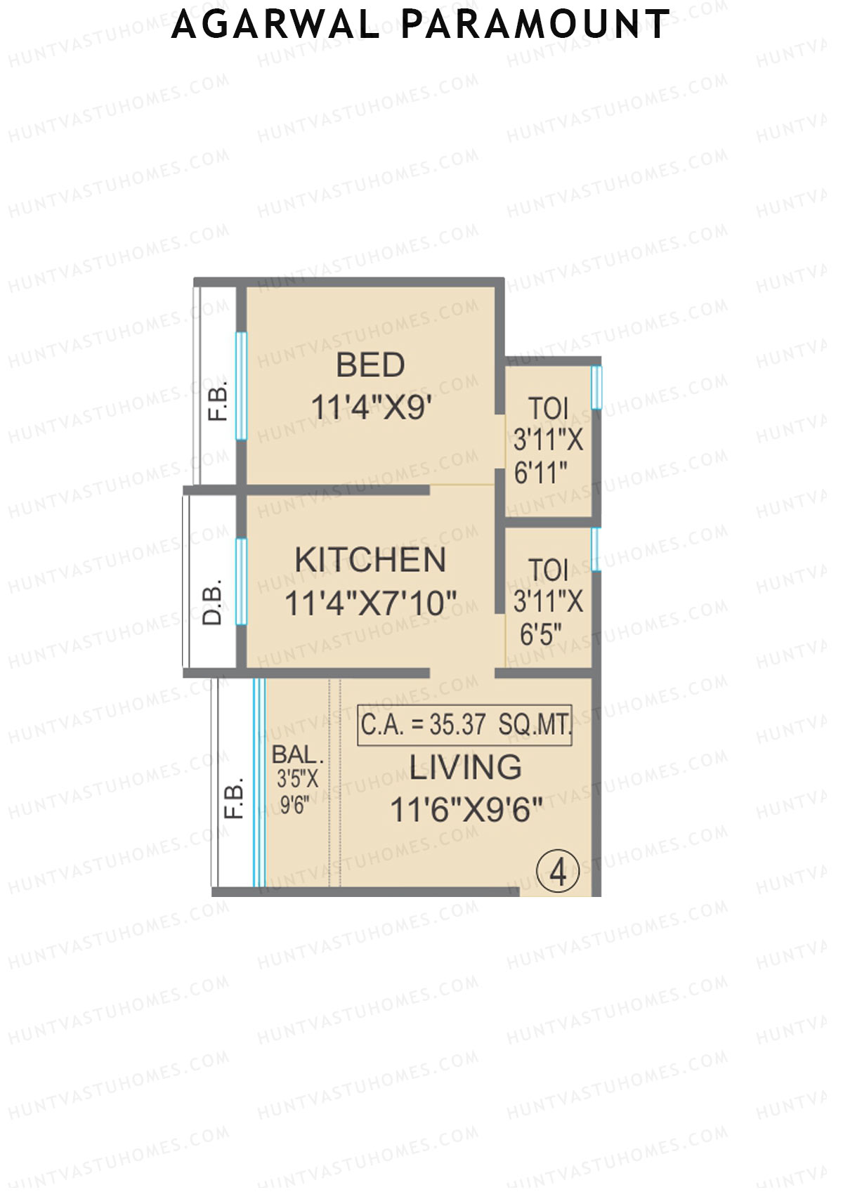 Agarwal Paramount, Tower 1 Wing G, Unit 1, 1BHK, Carpet Area 380   sq ft 