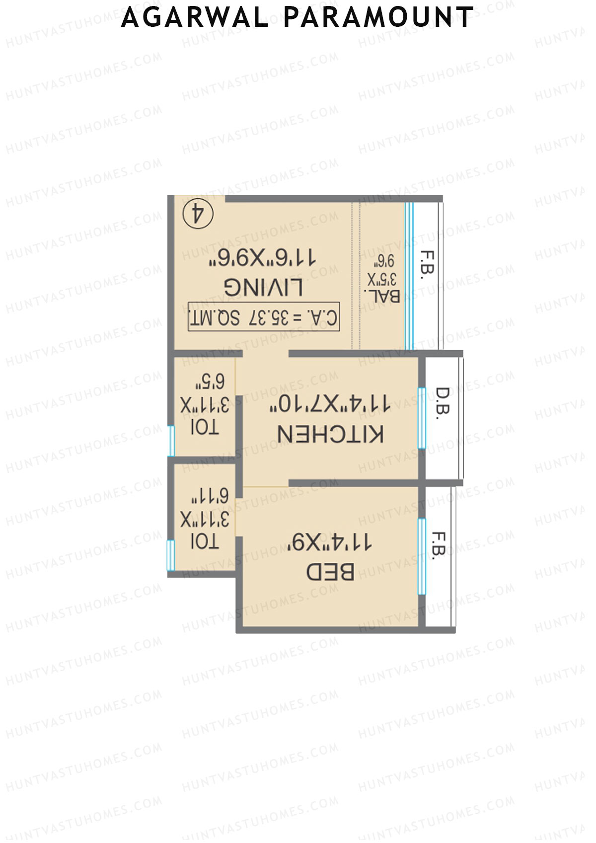 Agarwal Paramount, Tower 1 Wing G, Unit 3, 1BHK, Carpet Area 361   sq ft 