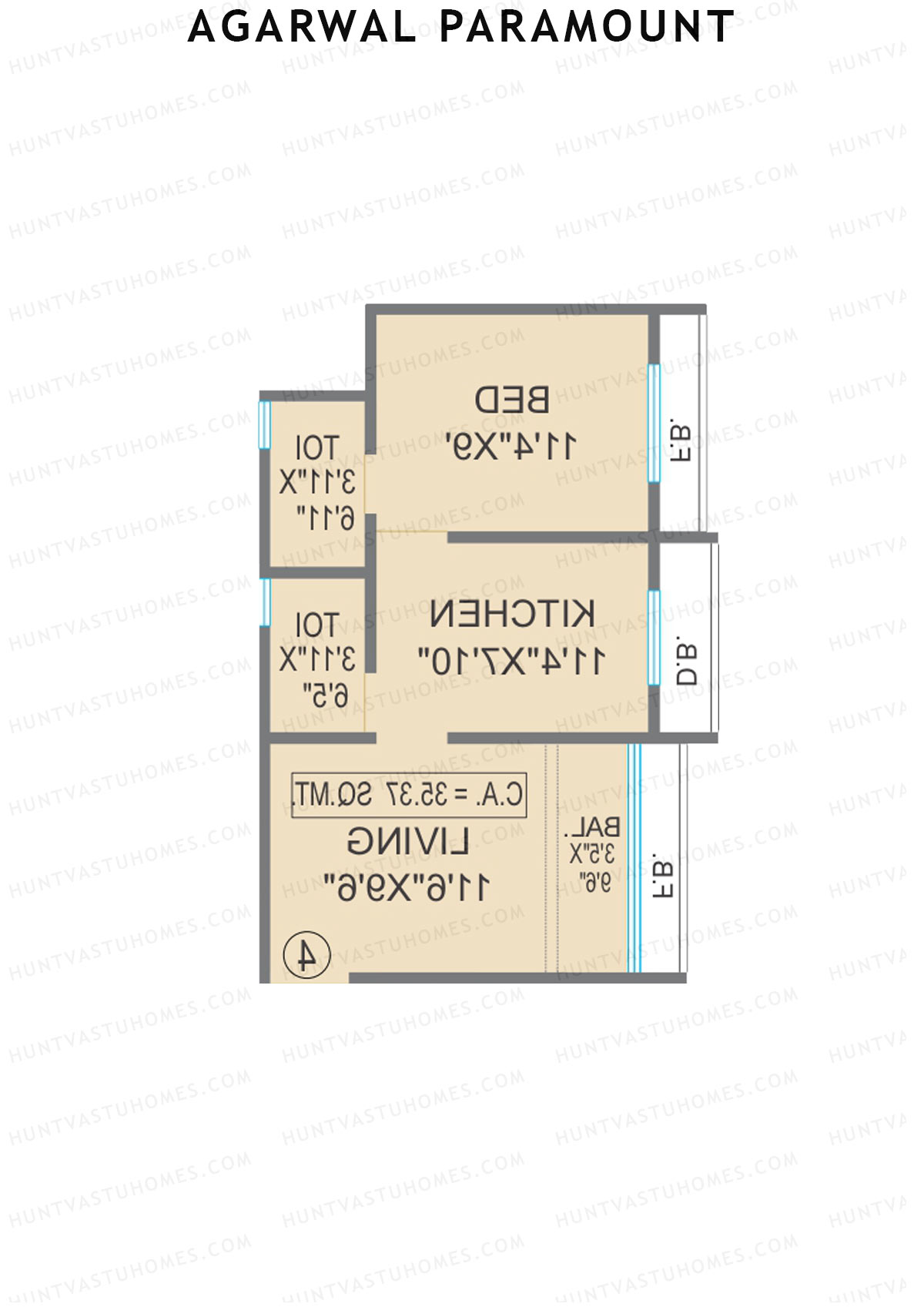 Agarwal Paramount, Tower 1 Wing G, Unit 4, 1BHK, Carpet Area 380   sq ft 