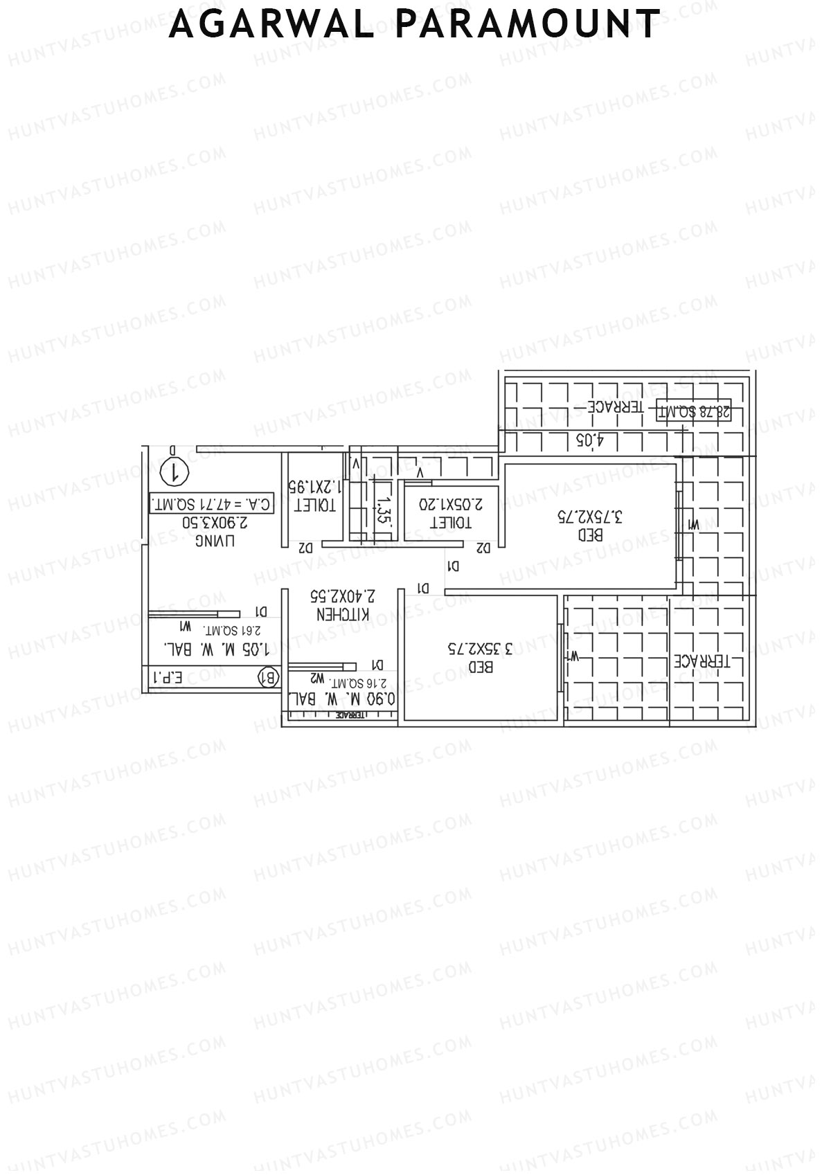 Agarwal Paramount, Tower 2 Wing A, Unit 1, 2BHK, Carpet Area 513   sq ft 