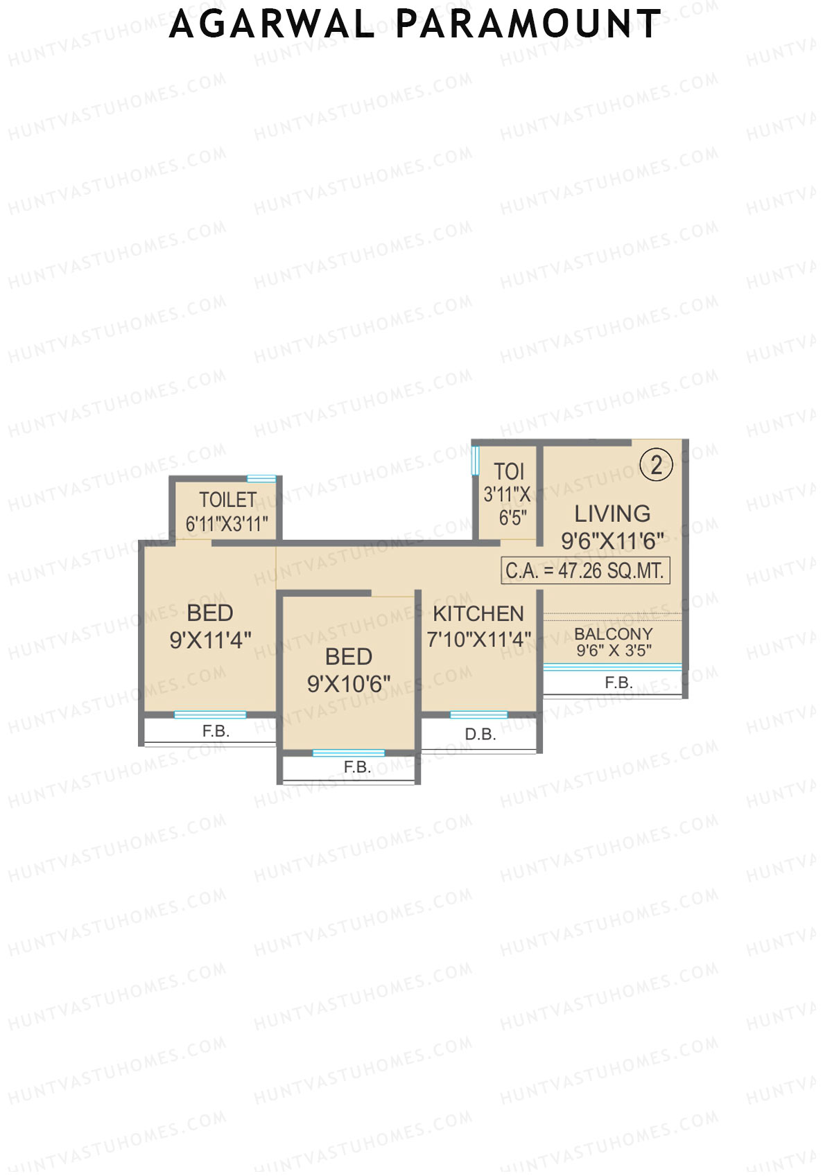Agarwal Paramount, Tower 2 Wing A, Unit 2, 2BHK, Carpet Area 508   sq ft 