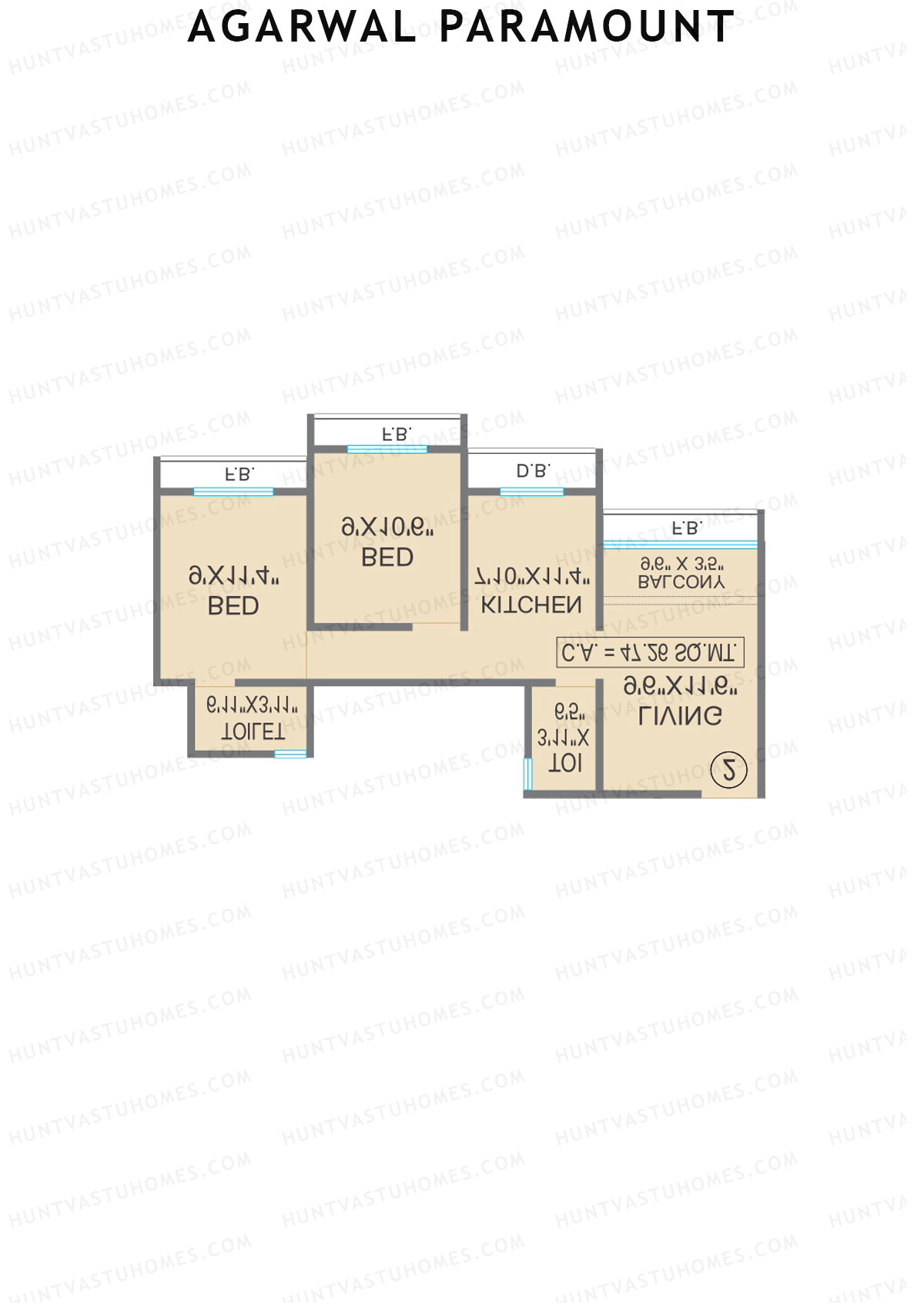 Agarwal Paramount, Tower 2 Wing A, Unit 3, 2BHK, Carpet Area 488   sq ft 