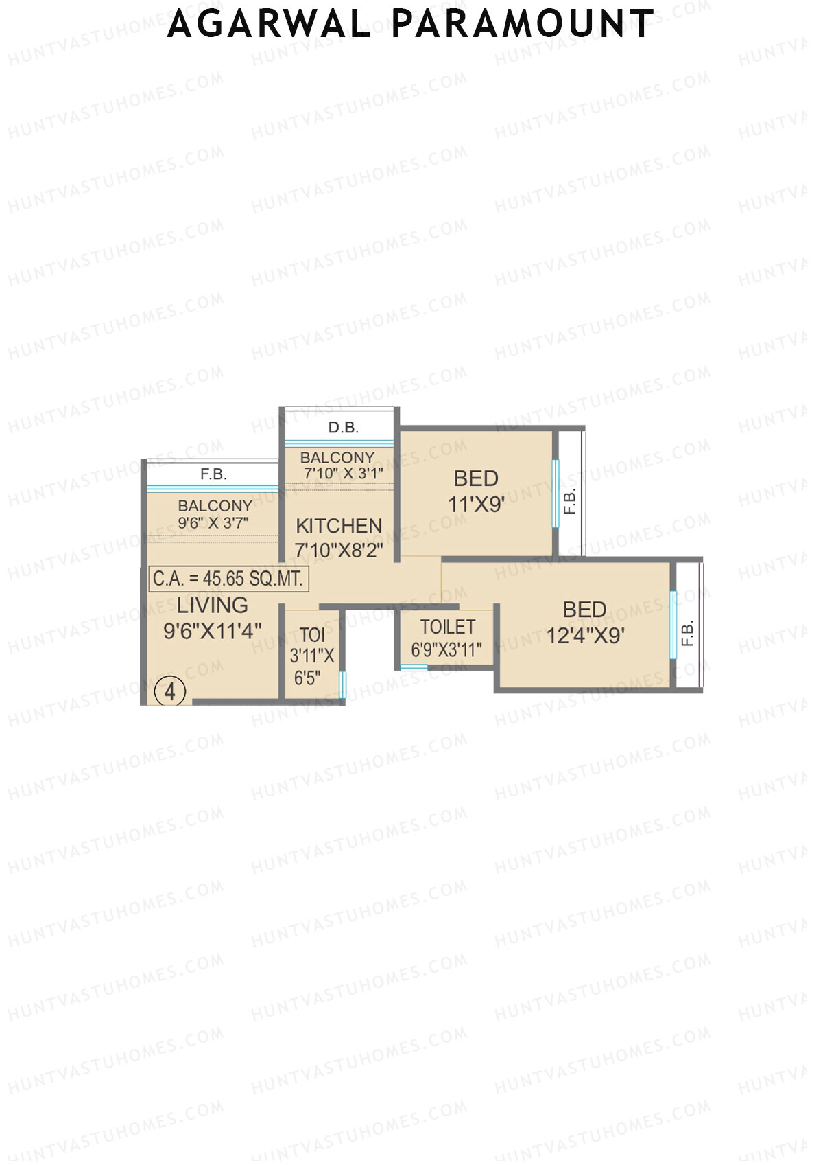 Agarwal Paramount, Tower 2 Wing A, Unit 4, 2BHK, Carpet Area 491   sq ft 