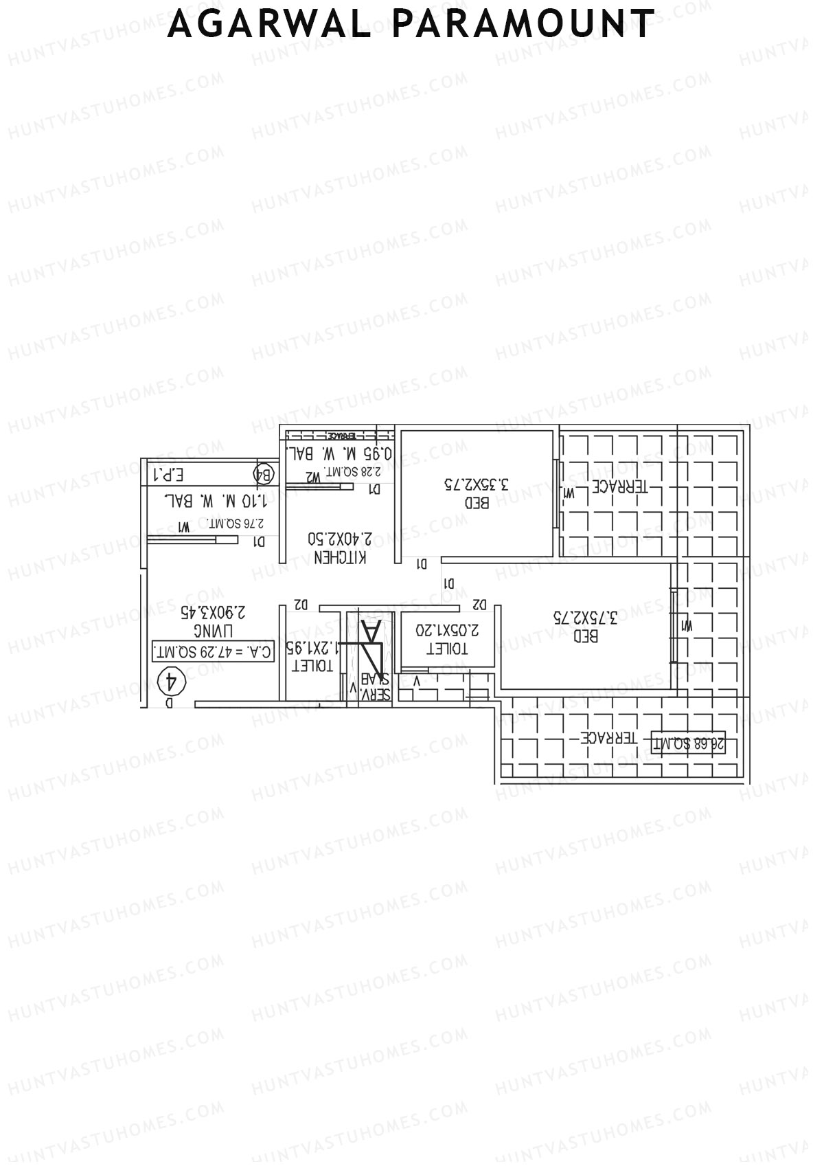 Agarwal Paramount, Tower 2 Wing A, Unit 4, 2BHK, Carpet Area 509   sq ft 
