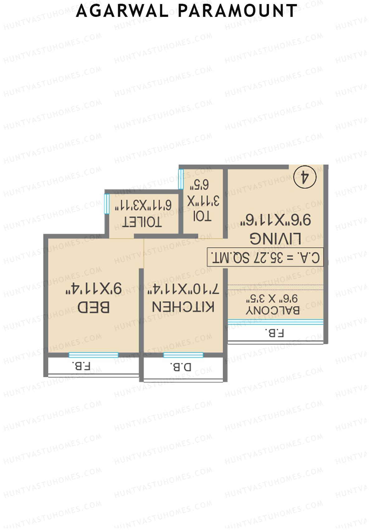 Agarwal Paramount, Tower 2 Wing B, Unit 2, 1BHK, Carpet Area 379   sq ft 