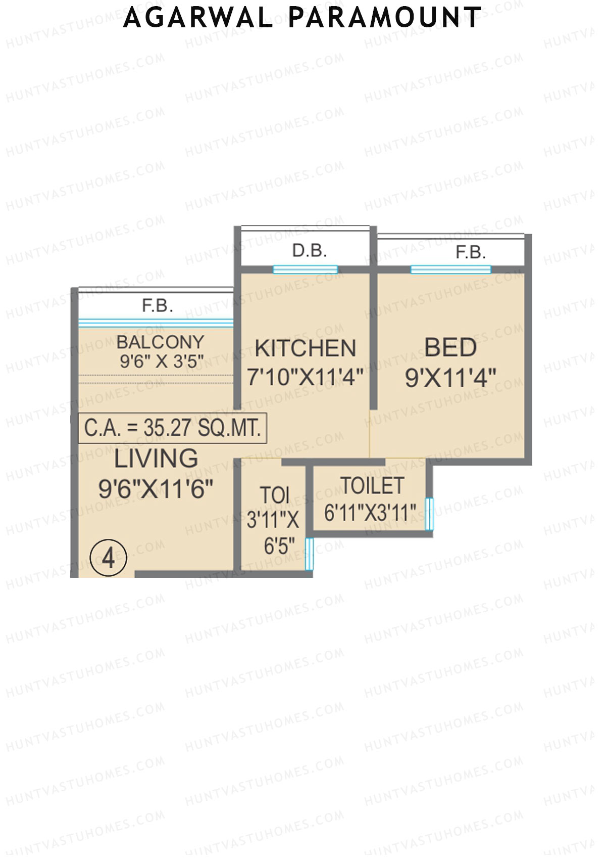 Agarwal Paramount, Tower 2 Wing D, Unit 4, 1BHK, Carpet Area 379   sq ft 