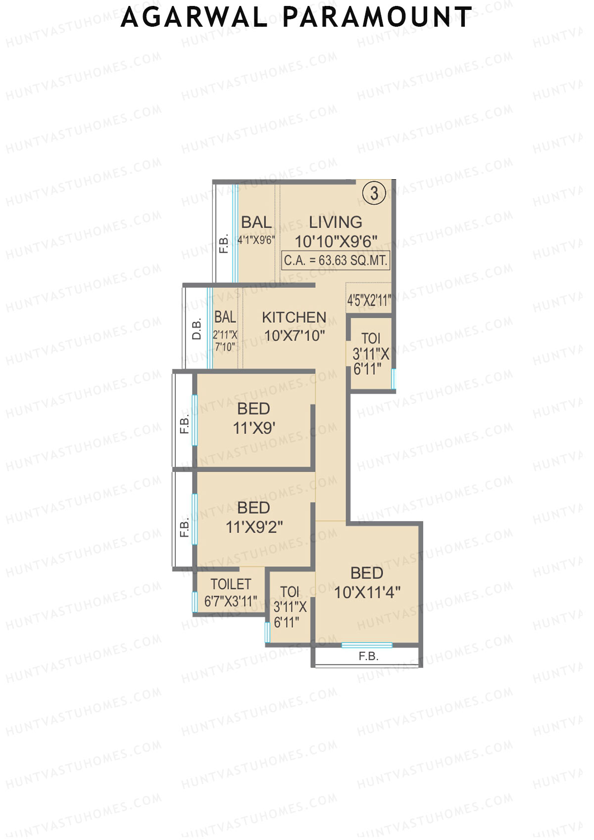 Agarwal Paramount, Tower 2 Wing E, Unit 3, 3BHK, Carpet Area 684   sq ft 