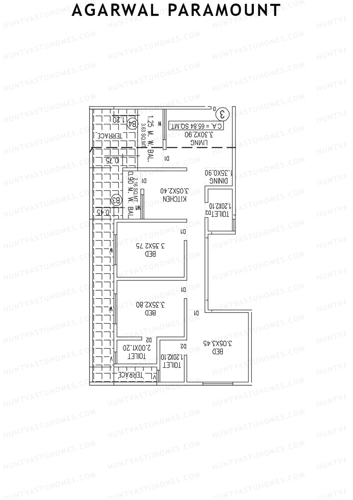 Agarwal Paramount, Tower 2 Wing E, Unit 3, 3BHK, Carpet Area 708   sq ft 