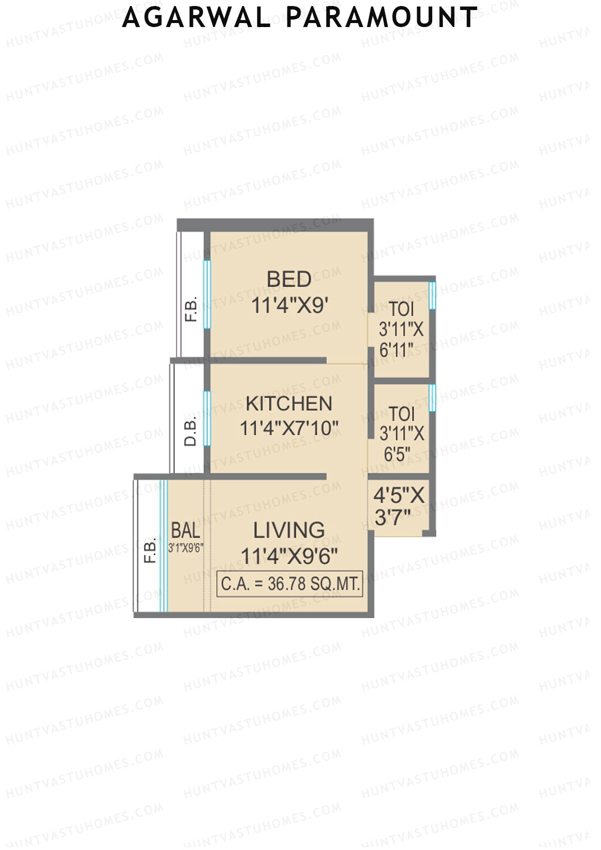 Agarwal Paramount, Tower 2 Wing E, Unit 4, 1BHK, Carpet Area 395   sq ft 