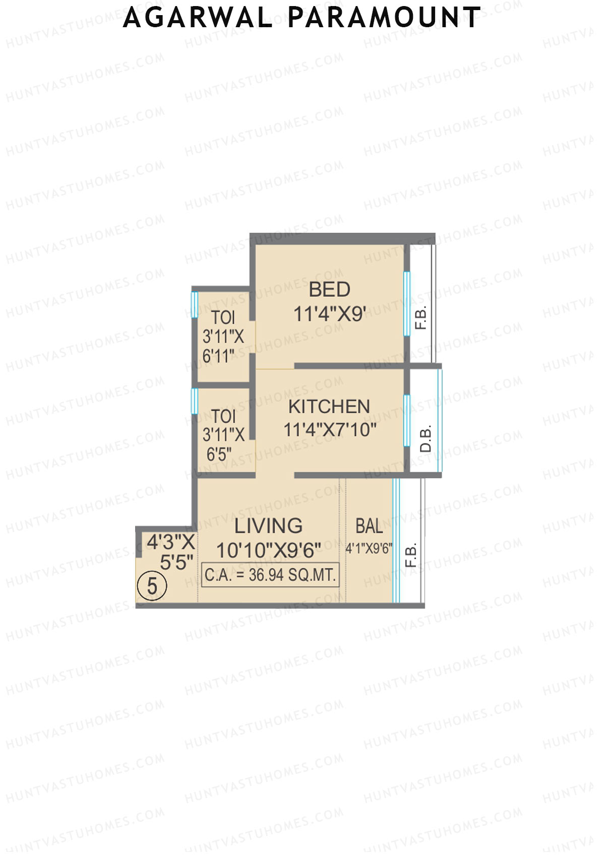 Agarwal Paramount, Tower 2 Wing E, Unit 5, 1BHK, Carpet Area 397   sq ft 