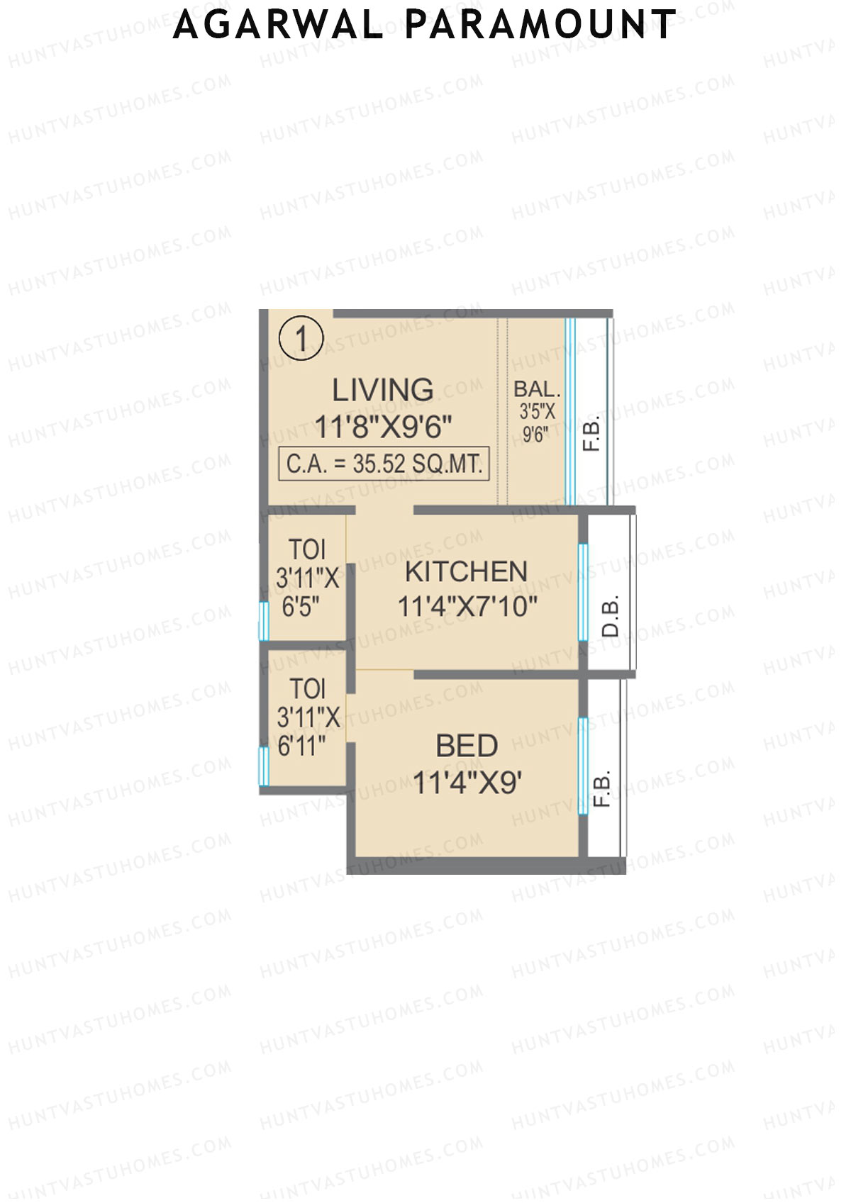 Agarwal Paramount, Tower 2 Wing F, Unit 1, 1BHK, Carpet Area 382   sq ft 