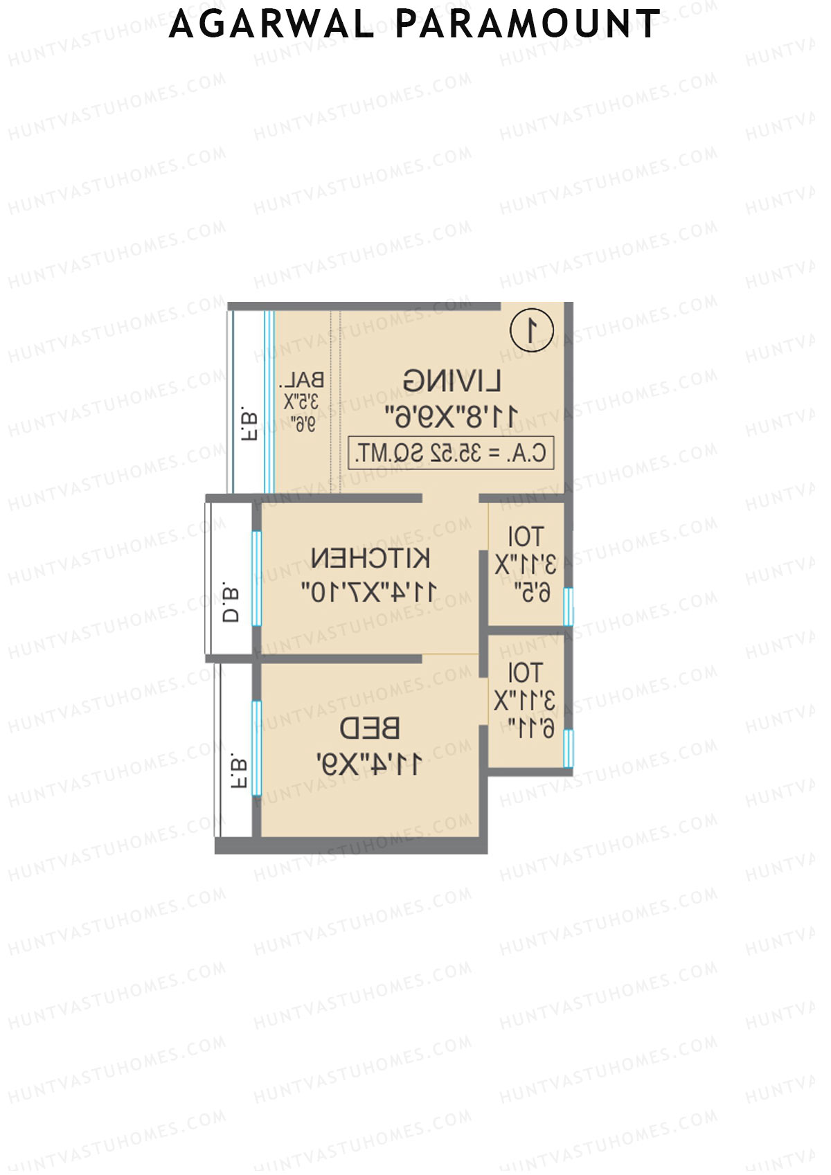 Agarwal Paramount, Tower 2 Wing F, Unit 2, 1BHK, Carpet Area 382   sq ft 