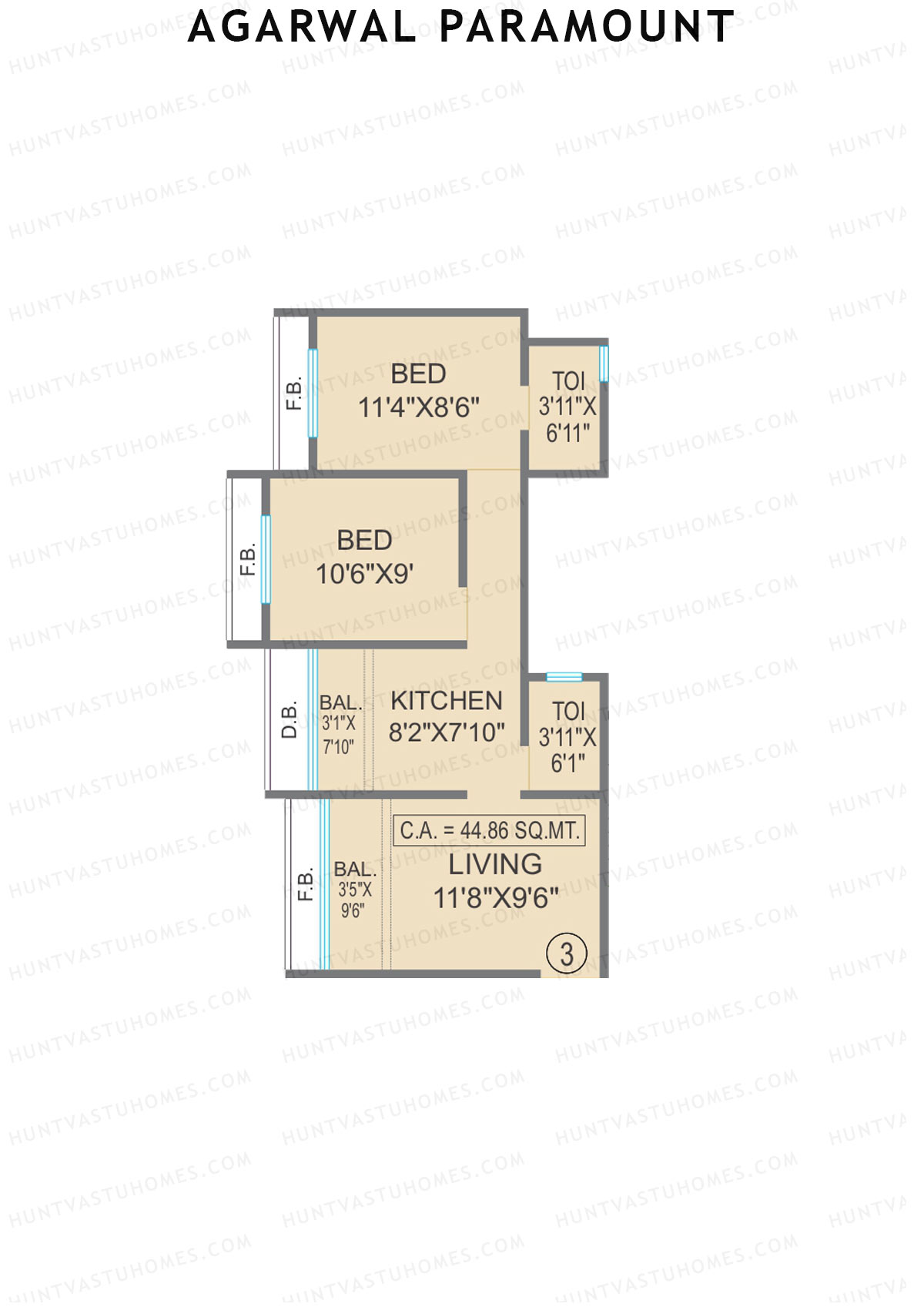 Agarwal Paramount, Tower 2 Wing F, Unit 3, 2BHK, Carpet Area 482   sq ft 