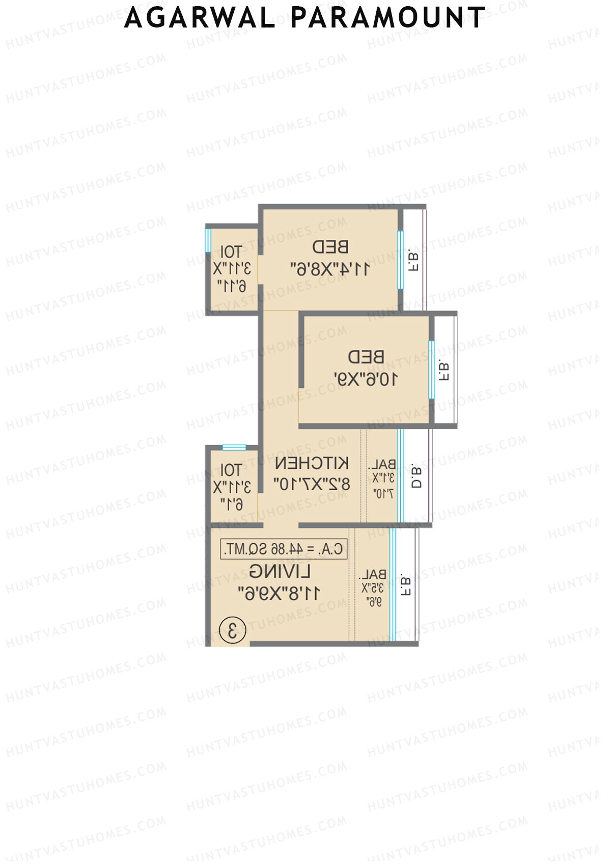 Agarwal Paramount, Tower 2 Wing F, Unit 4, 2BHK, Carpet Area 482   sq ft 