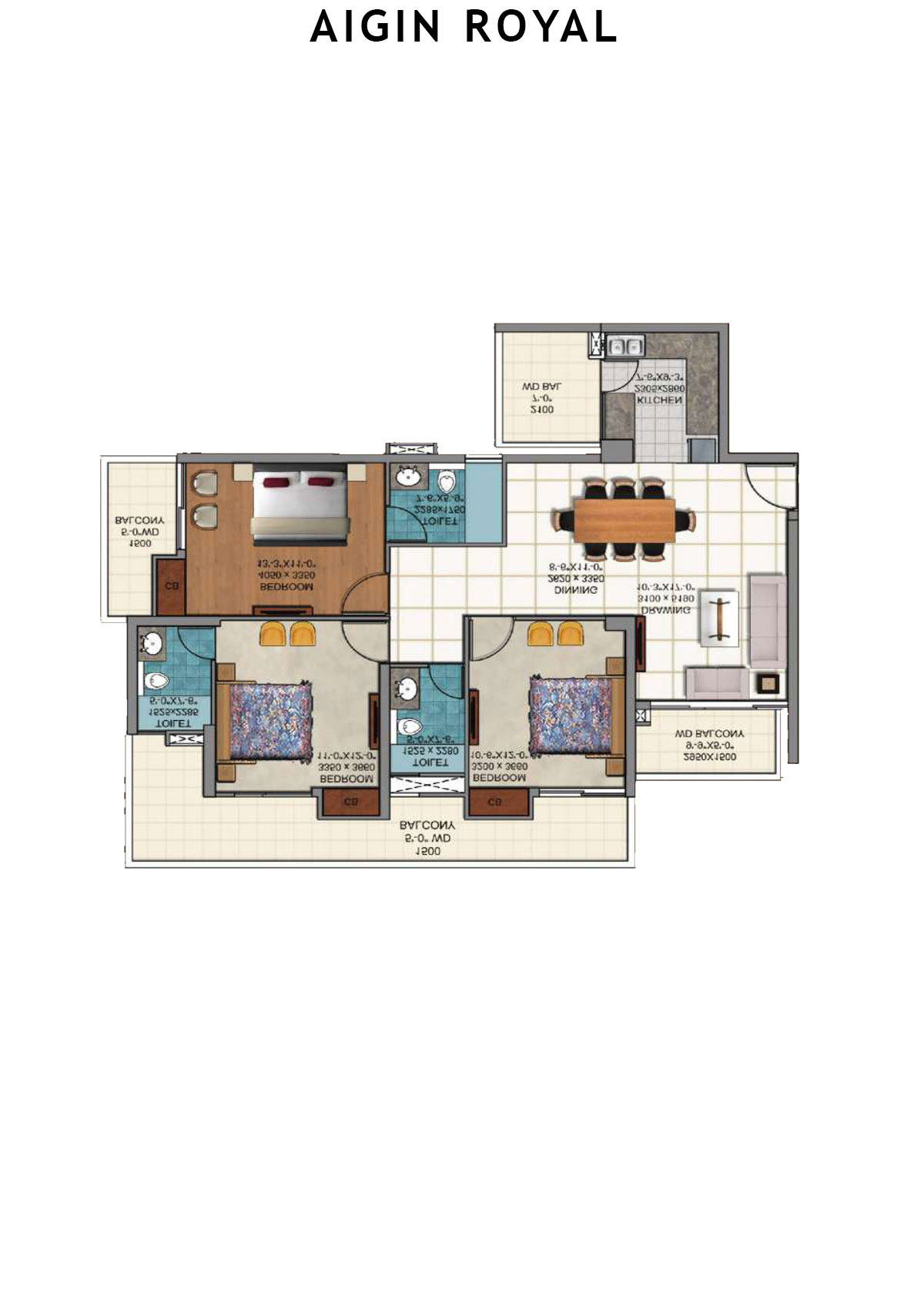 Aigin Royal Tower A Unit 1 (Type 3BHK) Floor Plan