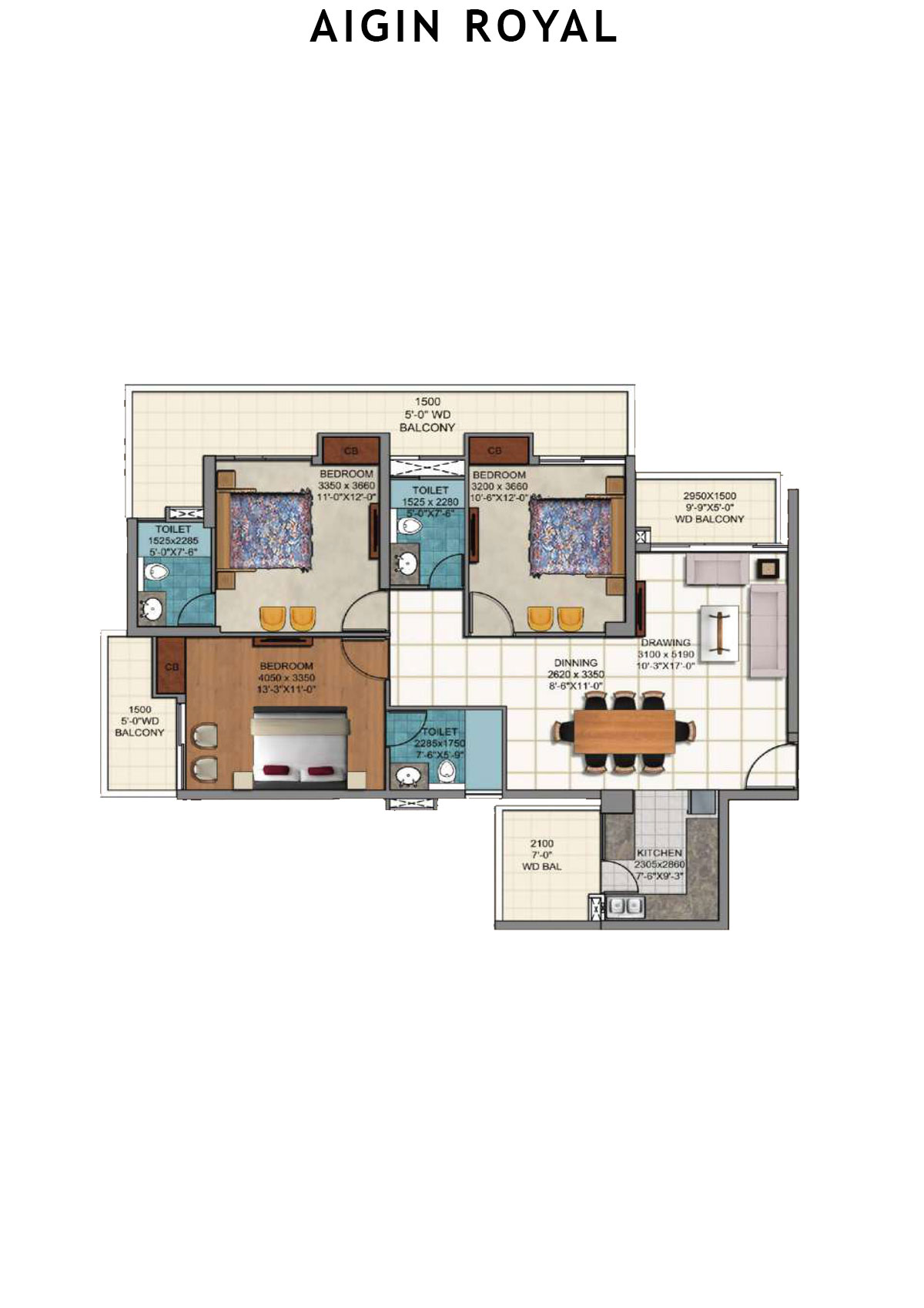 Aigin Royal Tower A Unit 2 (Type 3BHK) Floor Plan