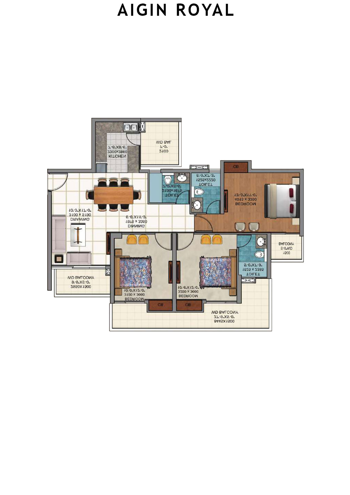 Aigin Royal Tower A Unit 4 (Type 3BHK) Floor Plan