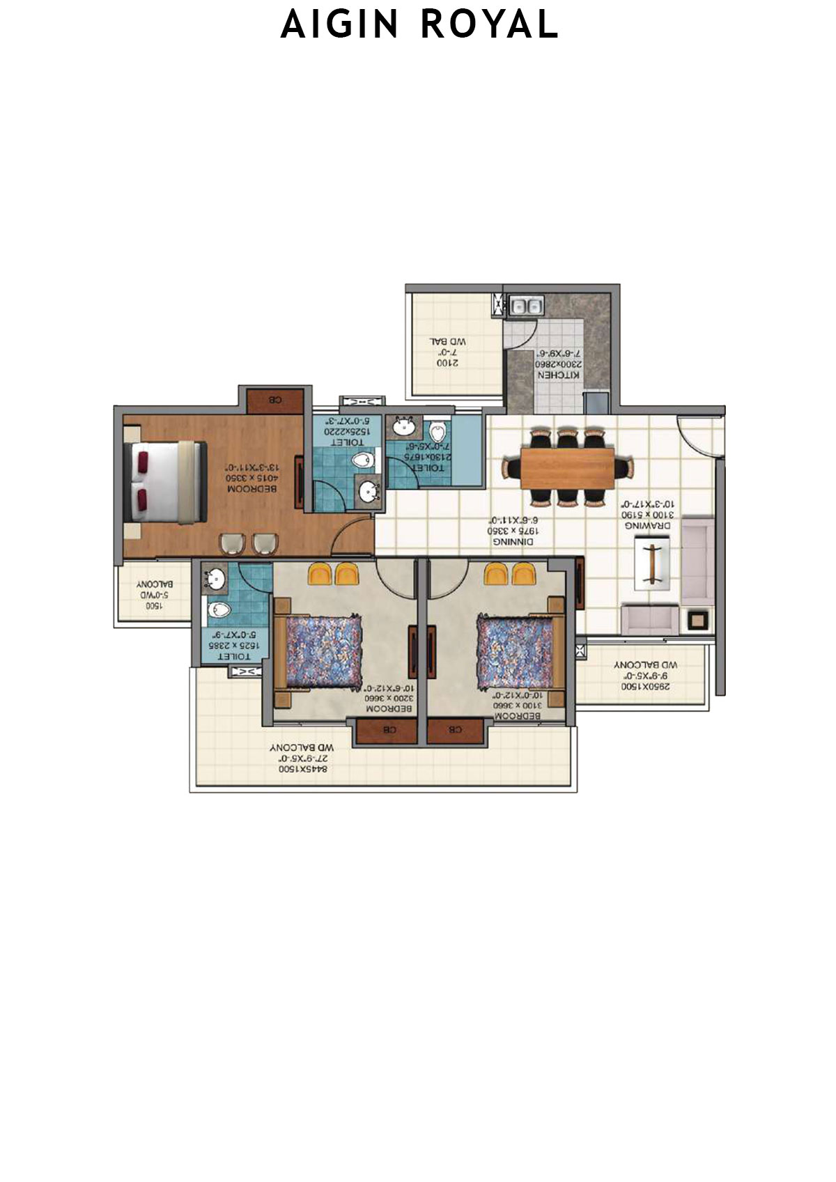 Aigin Royal Tower B Unit 1 (Type 3BHK) Floor Plan