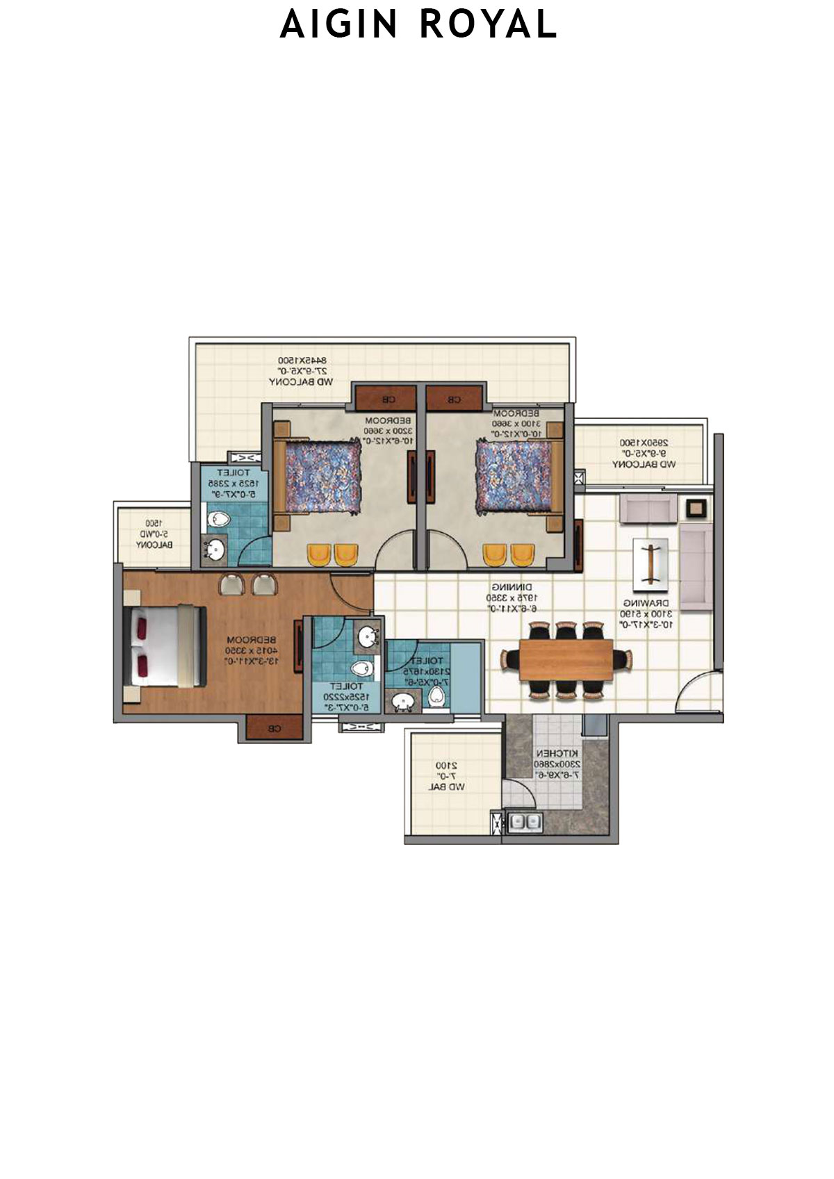 Aigin Royal Tower B Unit 2 (Type 3BHK) Floor Plan