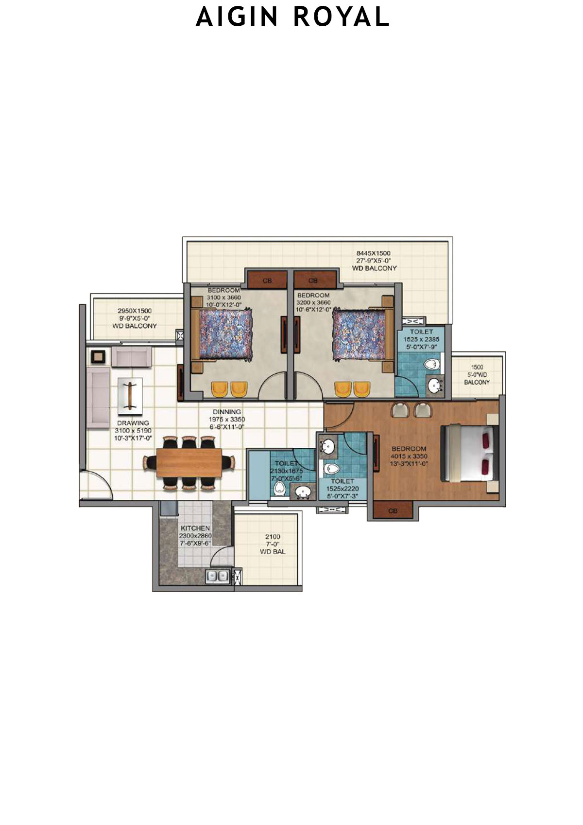 Aigin Royal Tower B Unit 3 (Type 3BHK) Floor Plan