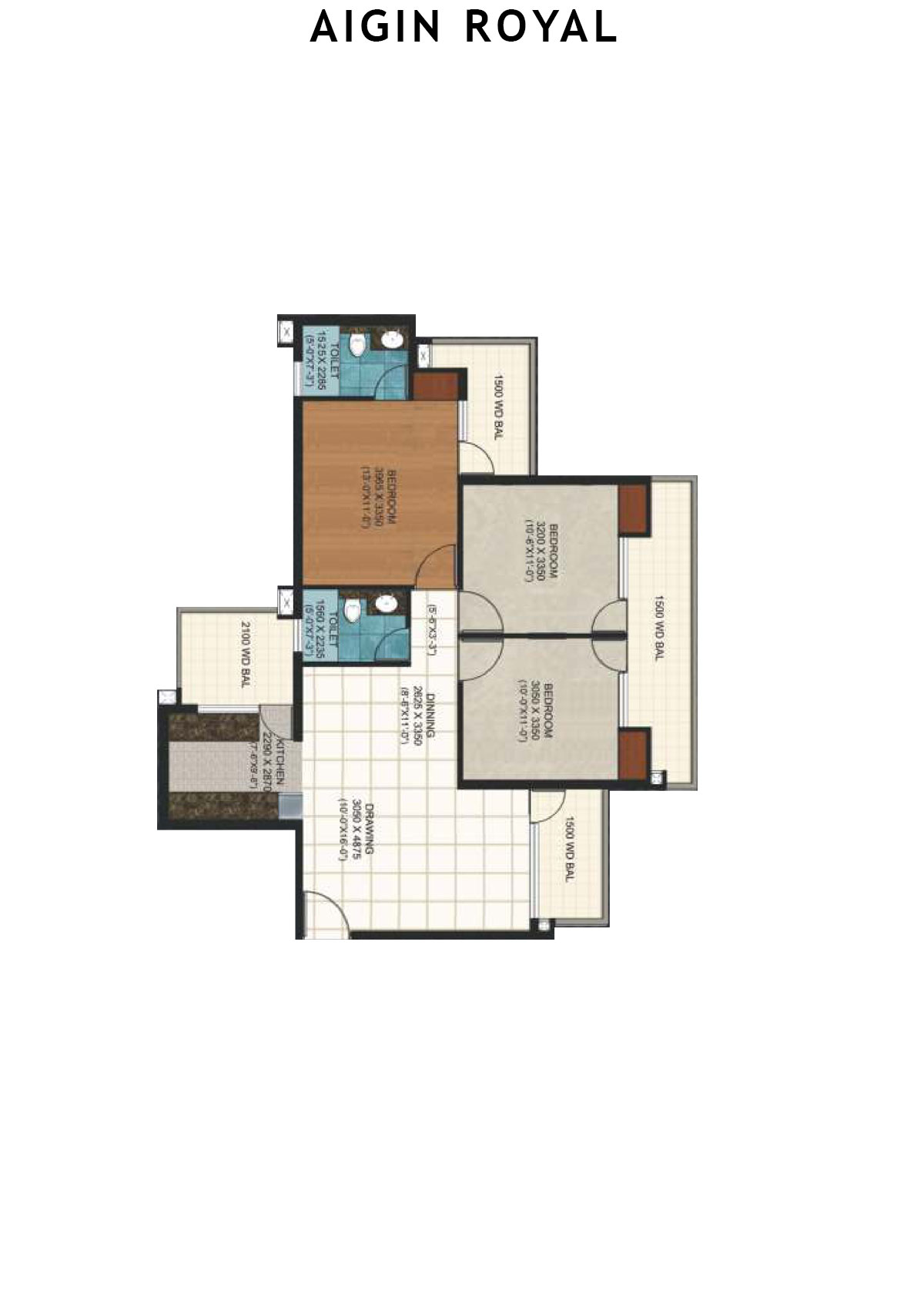 Aigin Royal Tower E Unit 2 (Type 3BHK) Floor Plan