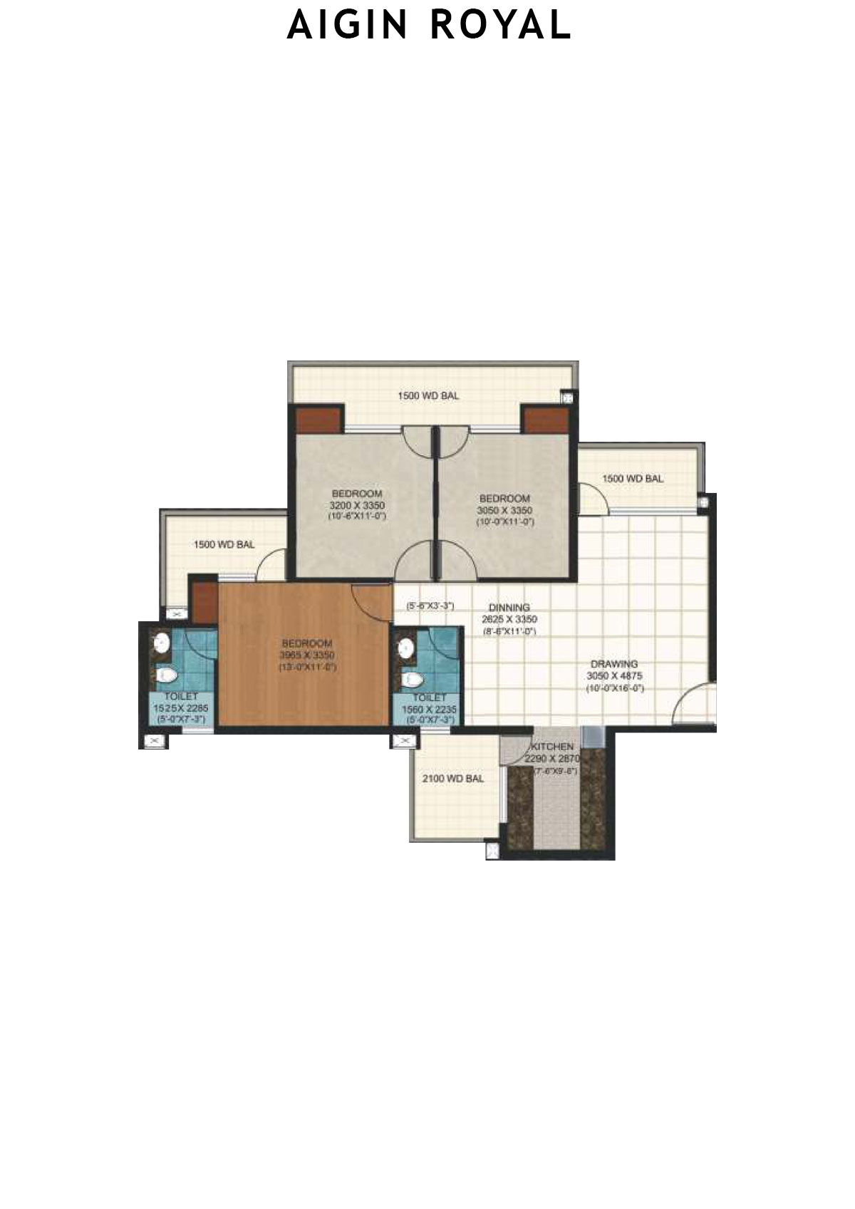Aigin Royal Tower G Unit 1 (Type 3BHK) Floor Plan
