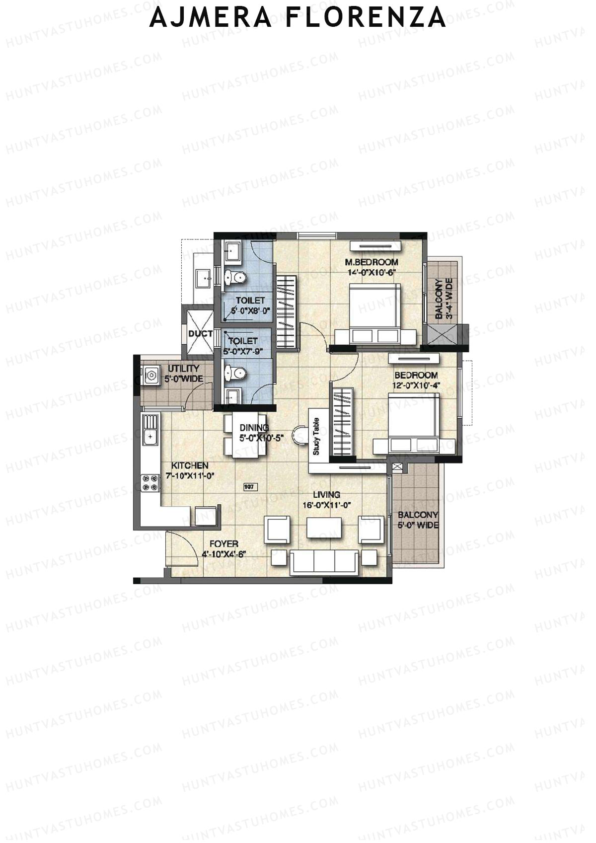 Ajmera Florenza Wing D Unit 3 (Type 2A) Floor Plan