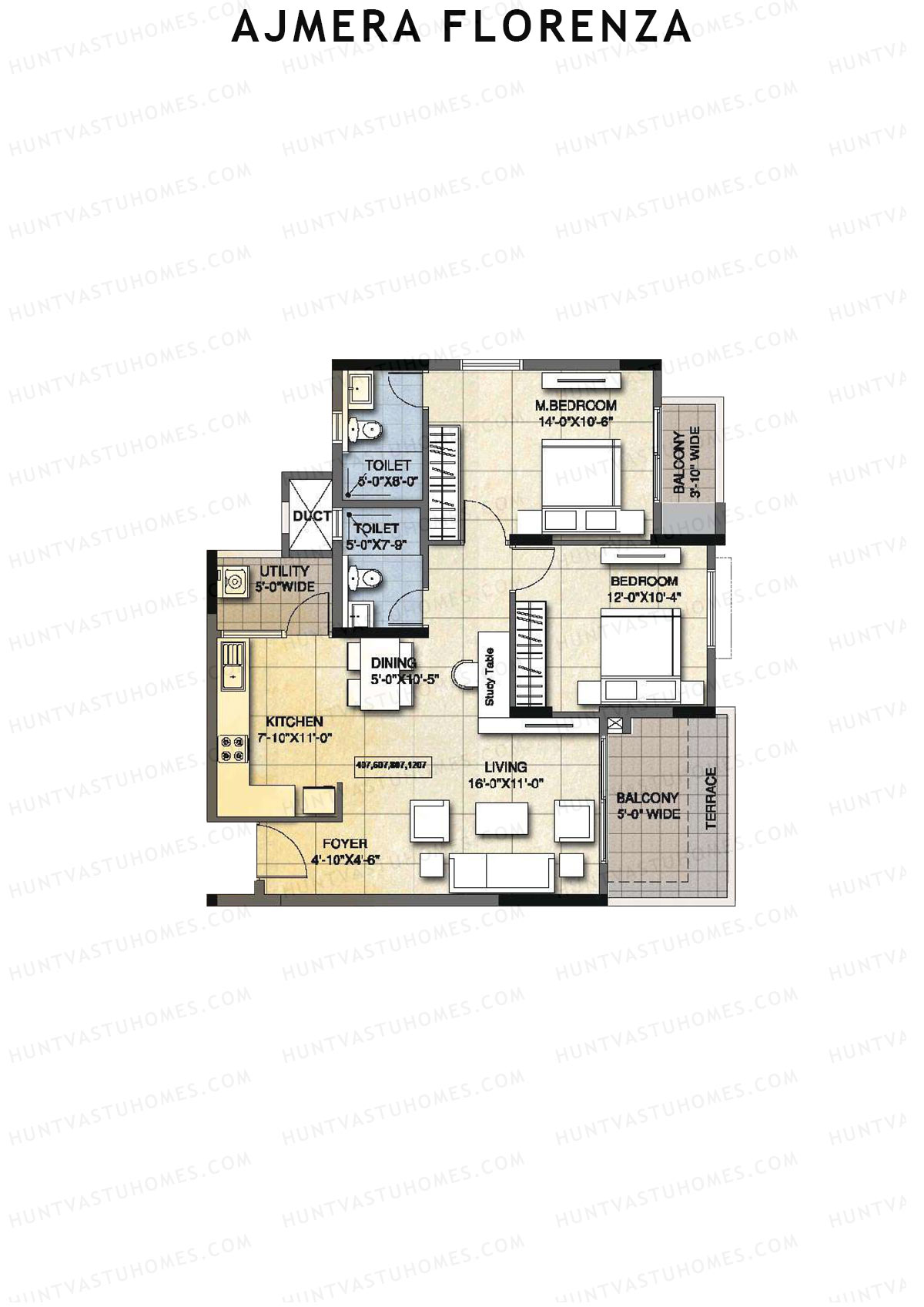 Ajmera Florenza Wing D Unit 3 (Type 2B) Floor Plan