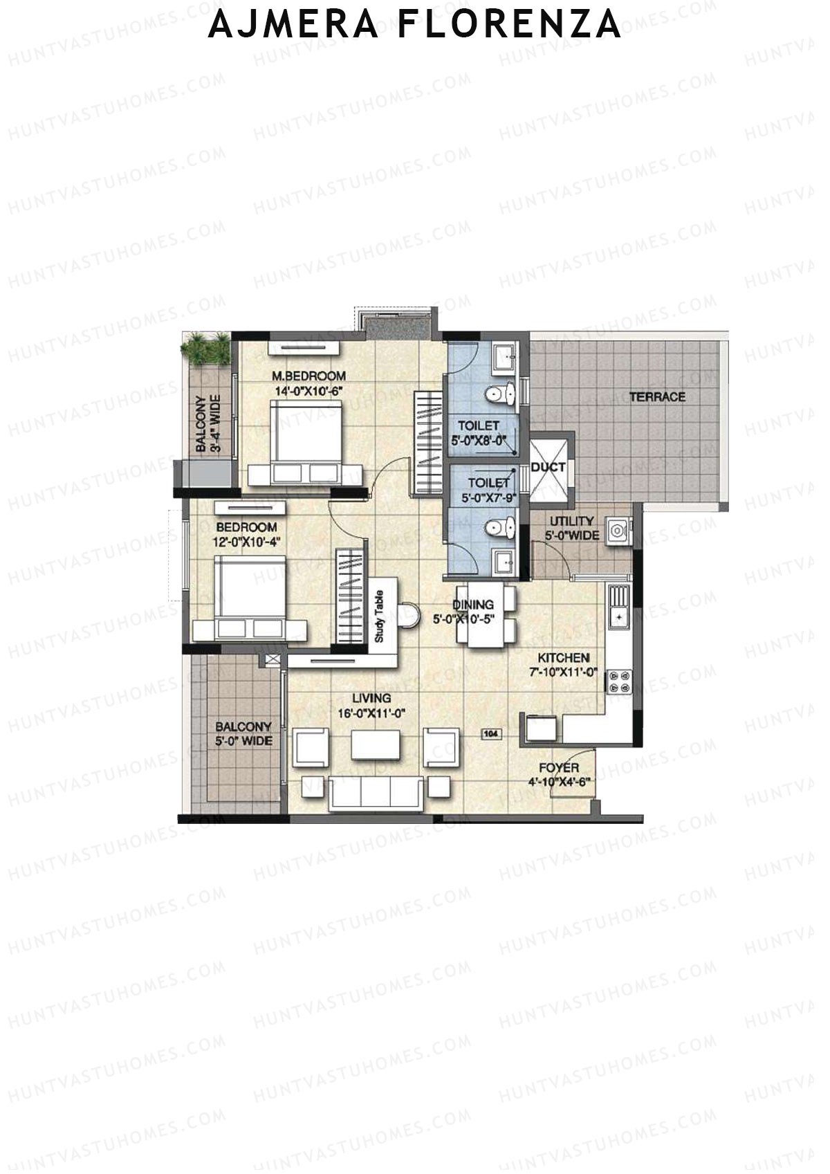Ajmera Florenza Wing D Unit 8 (Type 2A) Floor Plan