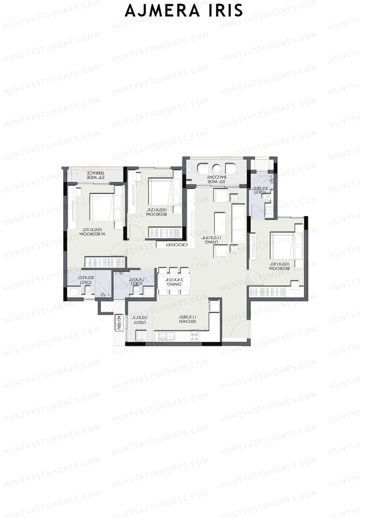 Ajmera Iris Block 1 Wing B Unit 1 (Type 2AT) Floor Plan