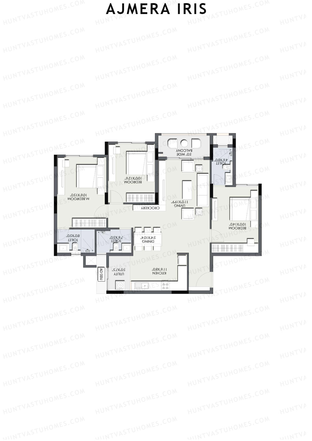 Ajmera Iris Block 3 Wing K Unit 1 (Type 2A) Floor Plan