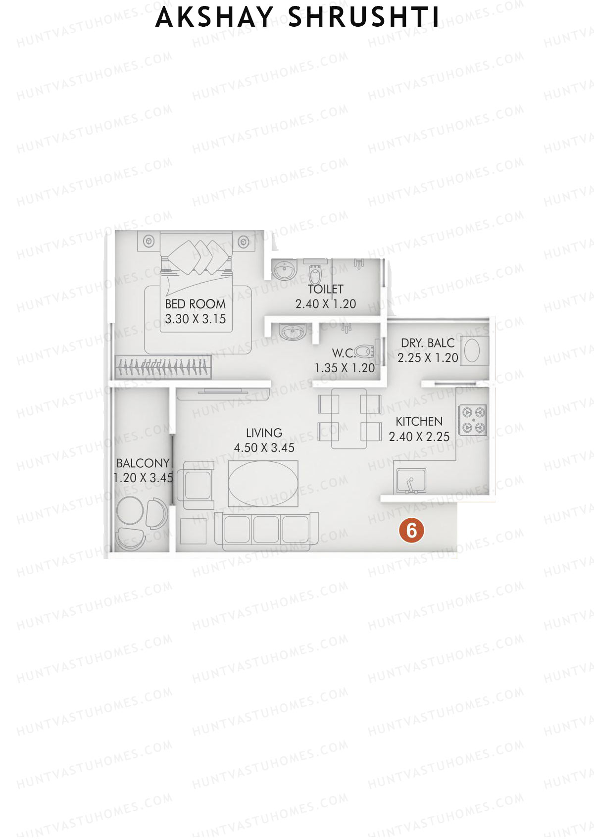 Akshay Shrushti, Shrushti, Unit 6, 1BHK, Carpet Area 519   sq ft 