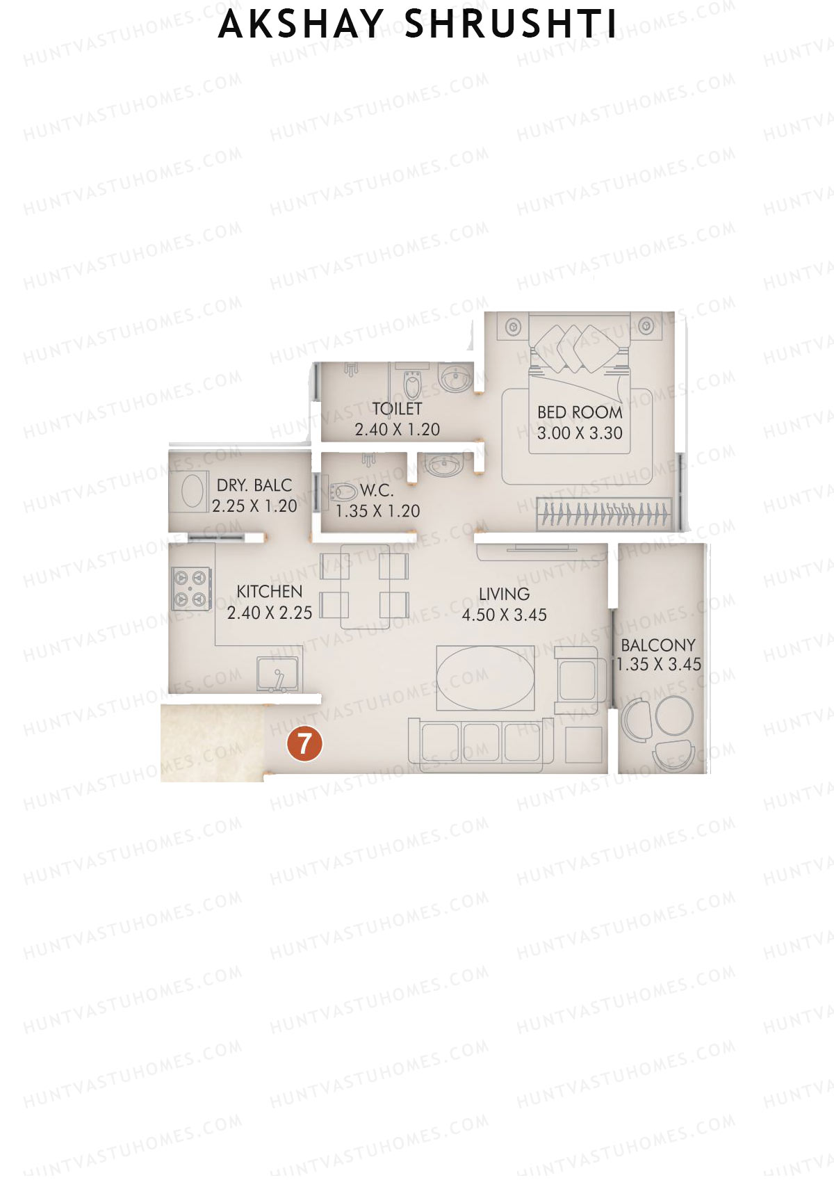 Akshay Shrushti, Shrushti, Unit 7, 1BHK, Carpet Area 509   sq ft 